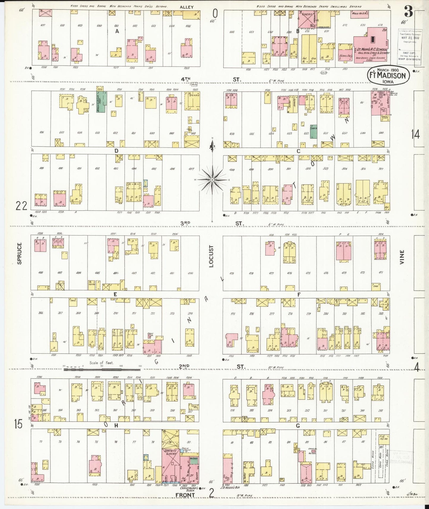 Sanborn Fire Insurance Map from Fort Madison, Lee County, Iowa (1900), Sheet #0003 - Historic Sanborn Fire Insurance Map Print, vintage old map wall art