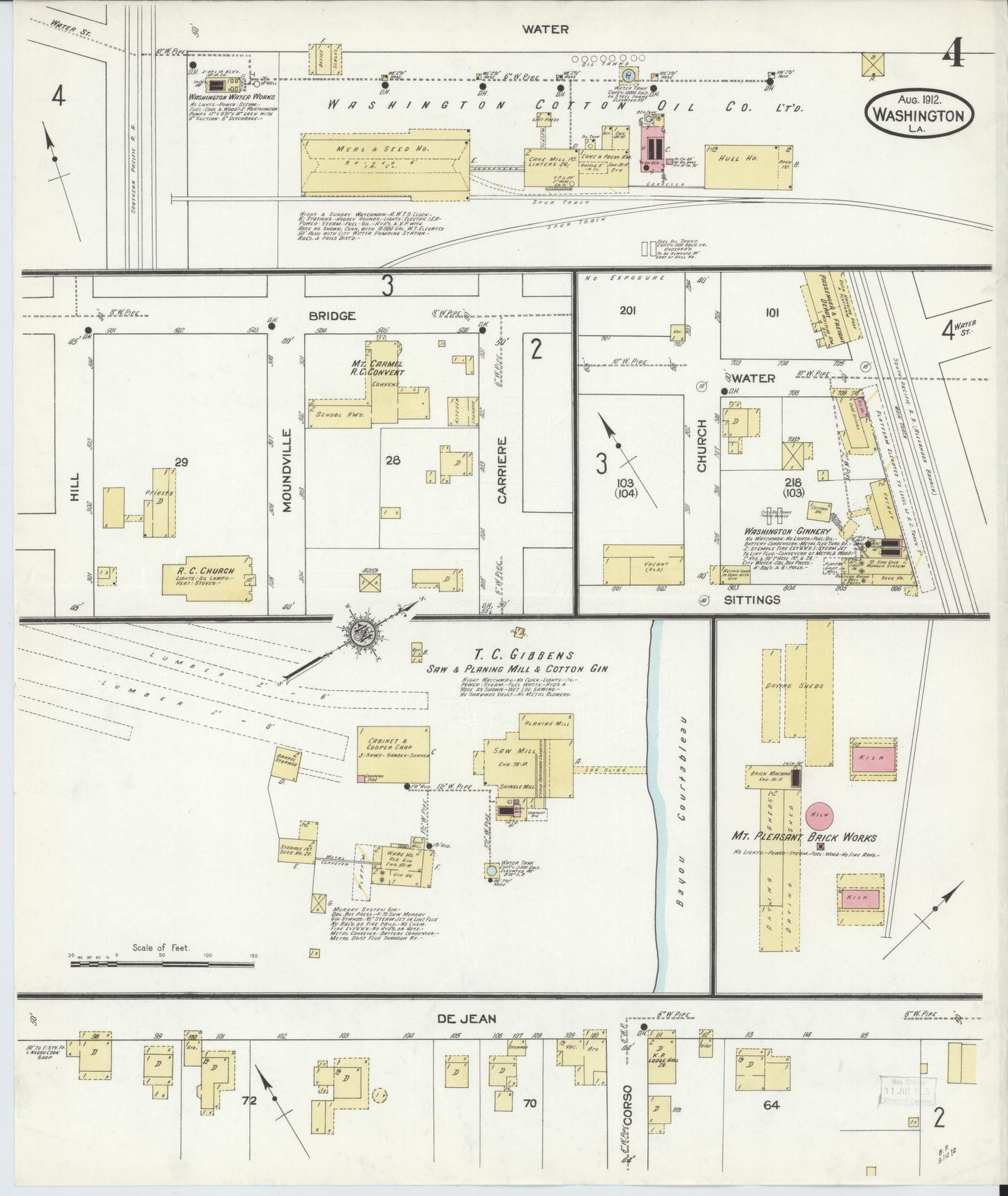 Sanborn Fire Insurance Map from Washington, Saint Landry Parish, Louisiana (1912), Sheet #0004 - Historic Sanborn Fire Insurance Map Print, vintage old map wall art, antique decor, genealogy gift, Washington Washington map