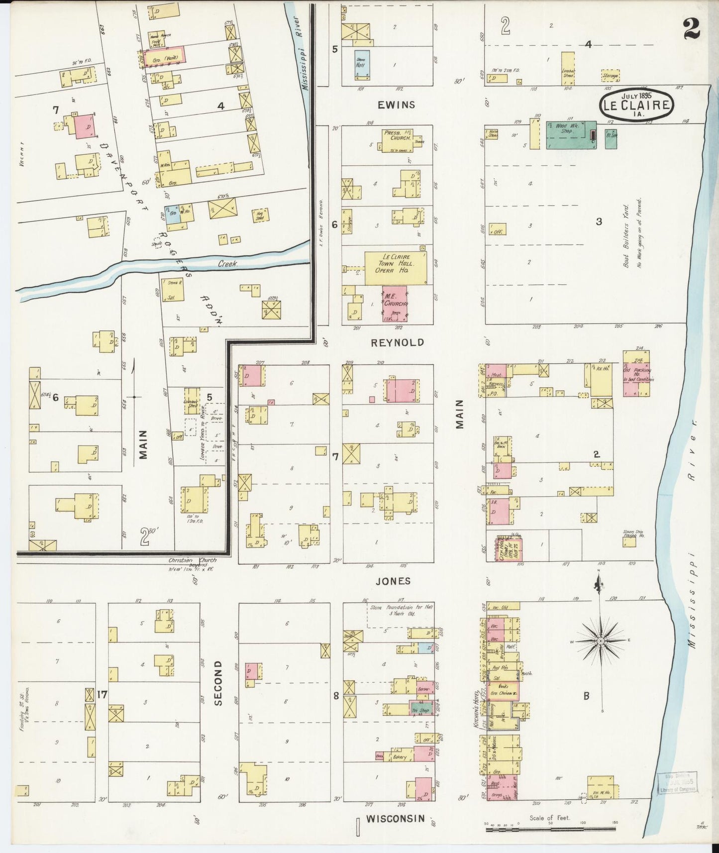 Sanborn Fire Insurance Map from Le Claire, Scott County, Iowa (1895), Sheet #0002 - Historic Sanborn Fire Insurance Map Print, vintage old map wall art
