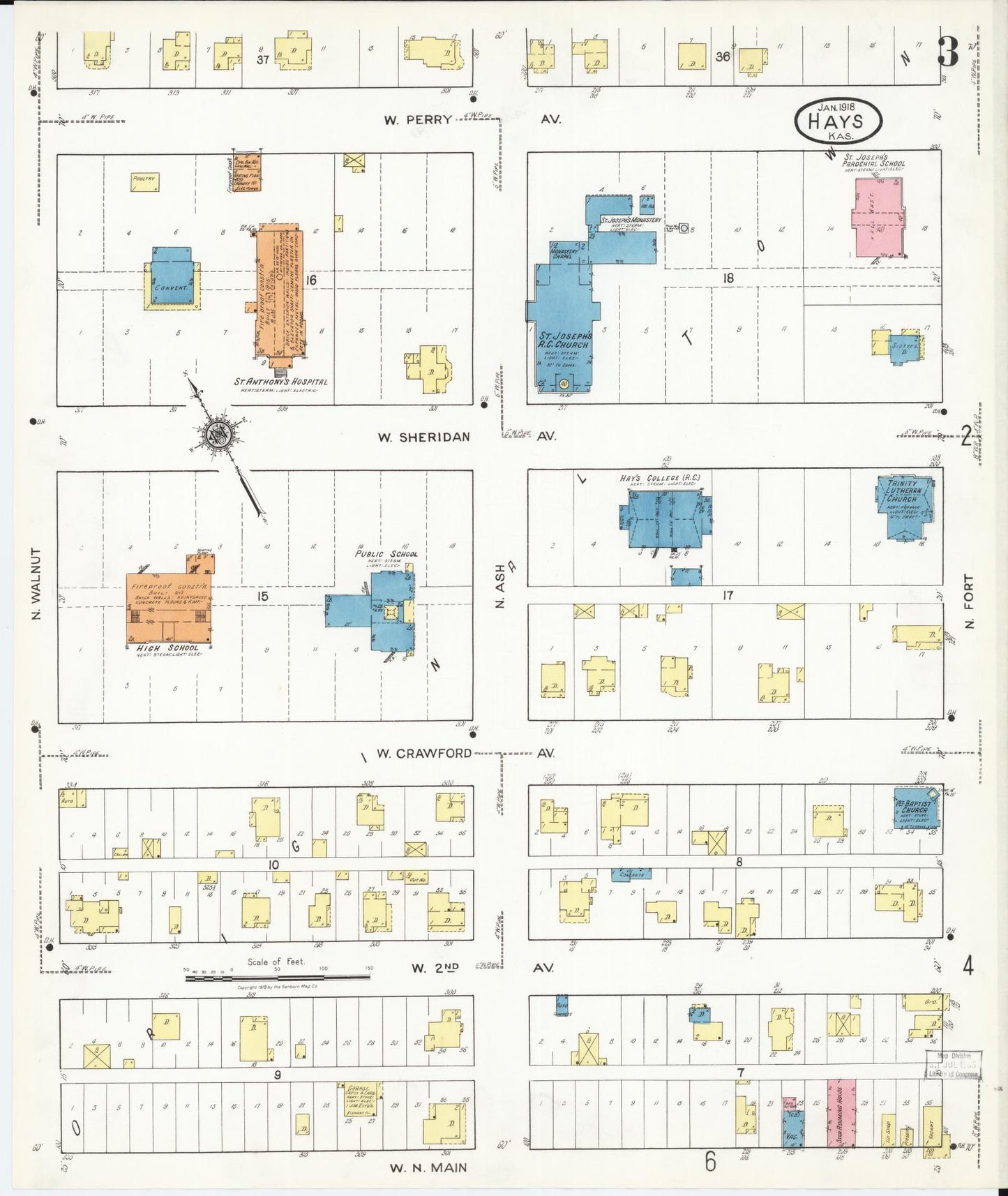 Sanborn Fire Insurance Map from Hays, Ellis County, Kansas (1918), Sheet #0003 - Historic Sanborn Fire Insurance Map Print, vintage old map wall art, antique decor, genealogy gift, Kansas Kansas map