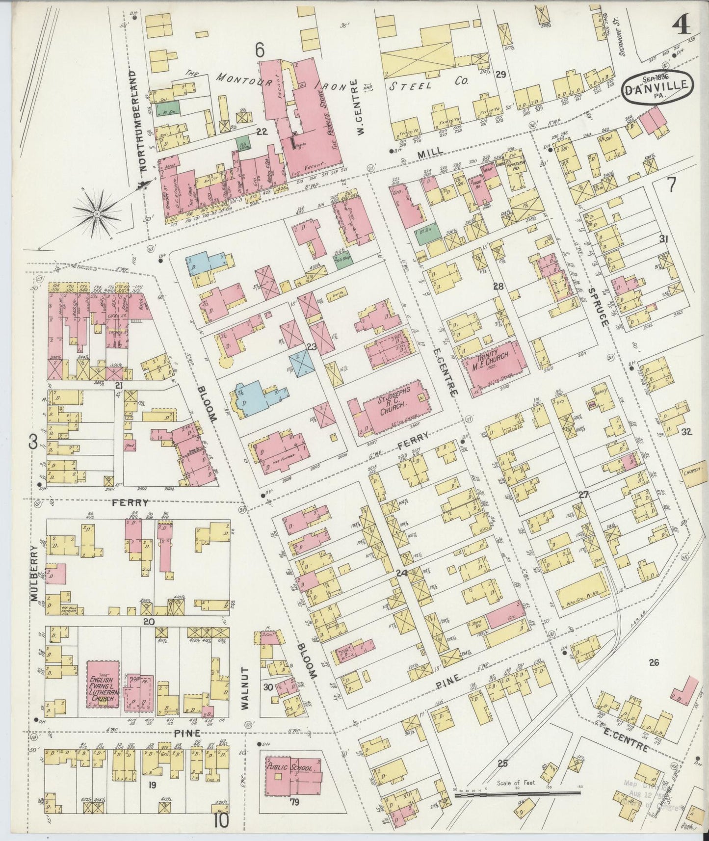 Sanborn Fire Insurance Map from Danville, Montour County, Pennsylvania (1896), Sheet #0004 - Historic Sanborn Fire Insurance Map Print, vintage old map wall art, antique decor, genealogy gift, Pennsylvania Pennsylvania map
