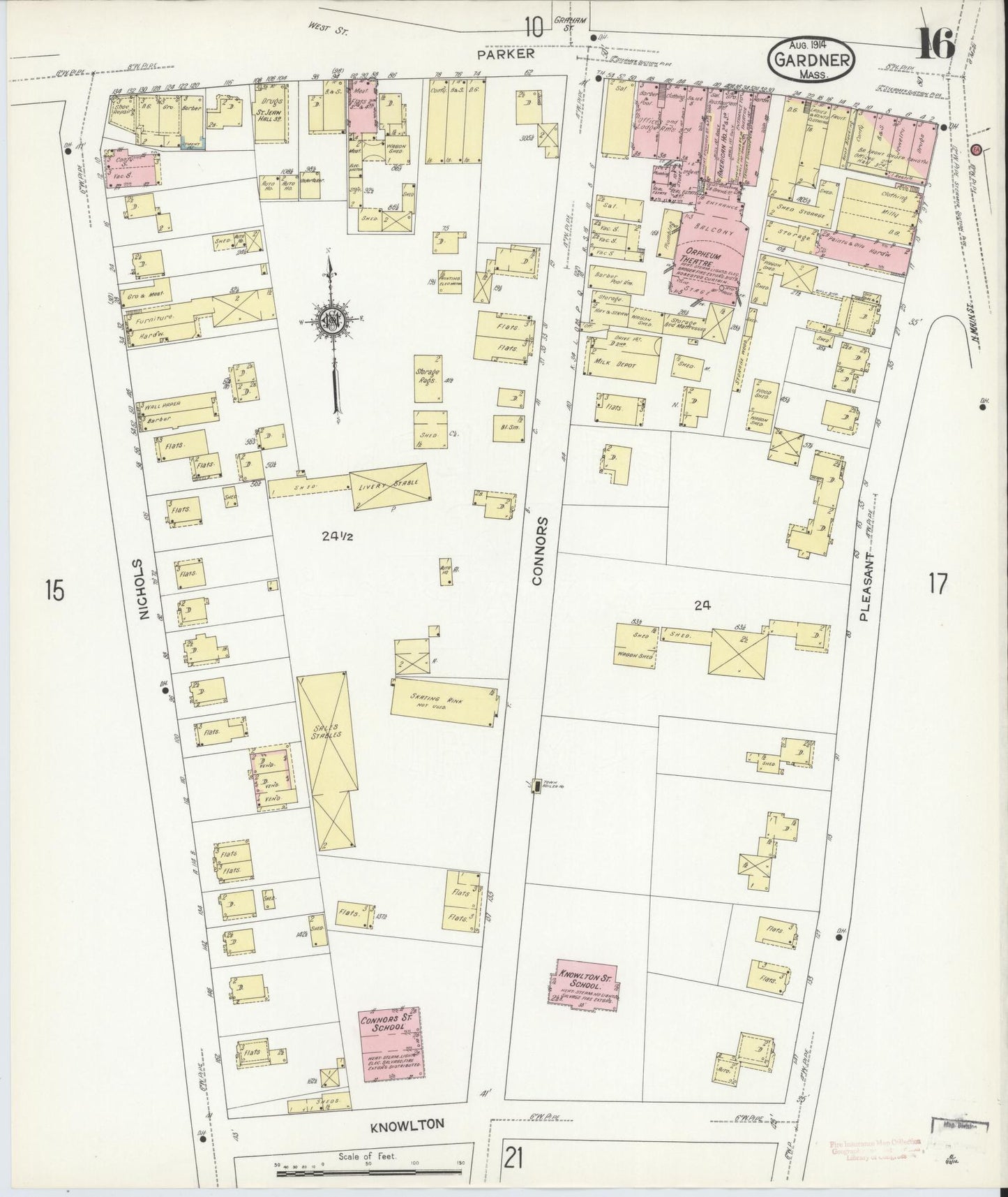 Sanborn Fire Insurance Map from Gardner, Worcester County, Massachusetts (1914), Sheet #0016 - Historic Sanborn Fire Insurance Map Print, vintage old map wall art, antique decor, genealogy gift, Massachusetts Massachusetts map