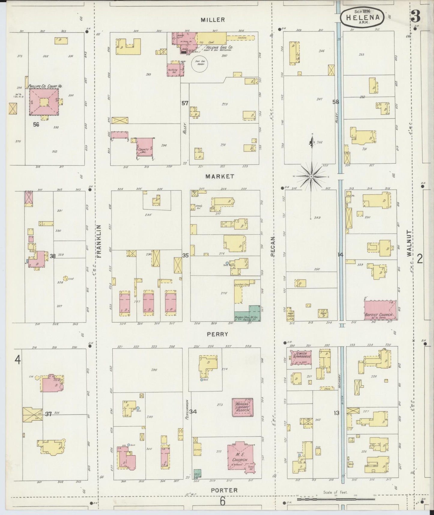 Sanborn Fire Insurance Map from Helena, Phillips County, Arkansas (1896), Sheet #0003 - Historic Sanborn Fire Insurance Map Print, vintage old map wall art, antique decor, genealogy gift, Arkansas Arkansas map