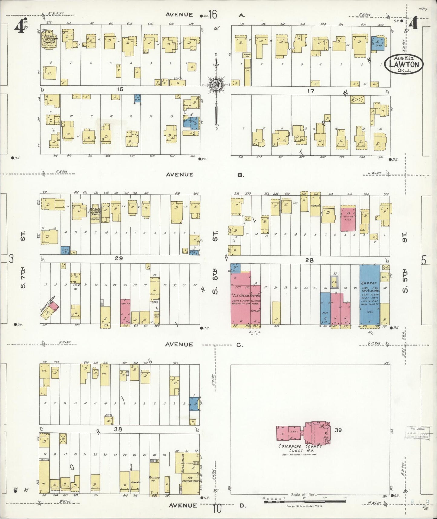 Sanborn Fire Insurance Map from Lawton, Comanche County, Oklahoma (1923), Sheet #0004 - Historic Sanborn Fire Insurance Map Print, vintage old map wall art, antique decor, genealogy gift, Oklahoma Oklahoma map