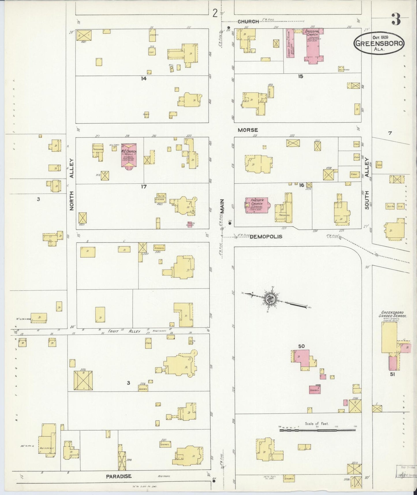 Sanborn Fire Insurance Map from Greensboro, Hale County, Alabama (1909), Sheet #0003 - Historic Sanborn Fire Insurance Map Print, vintage old map wall art, antique decor, genealogy gift, Alabama Alabama map