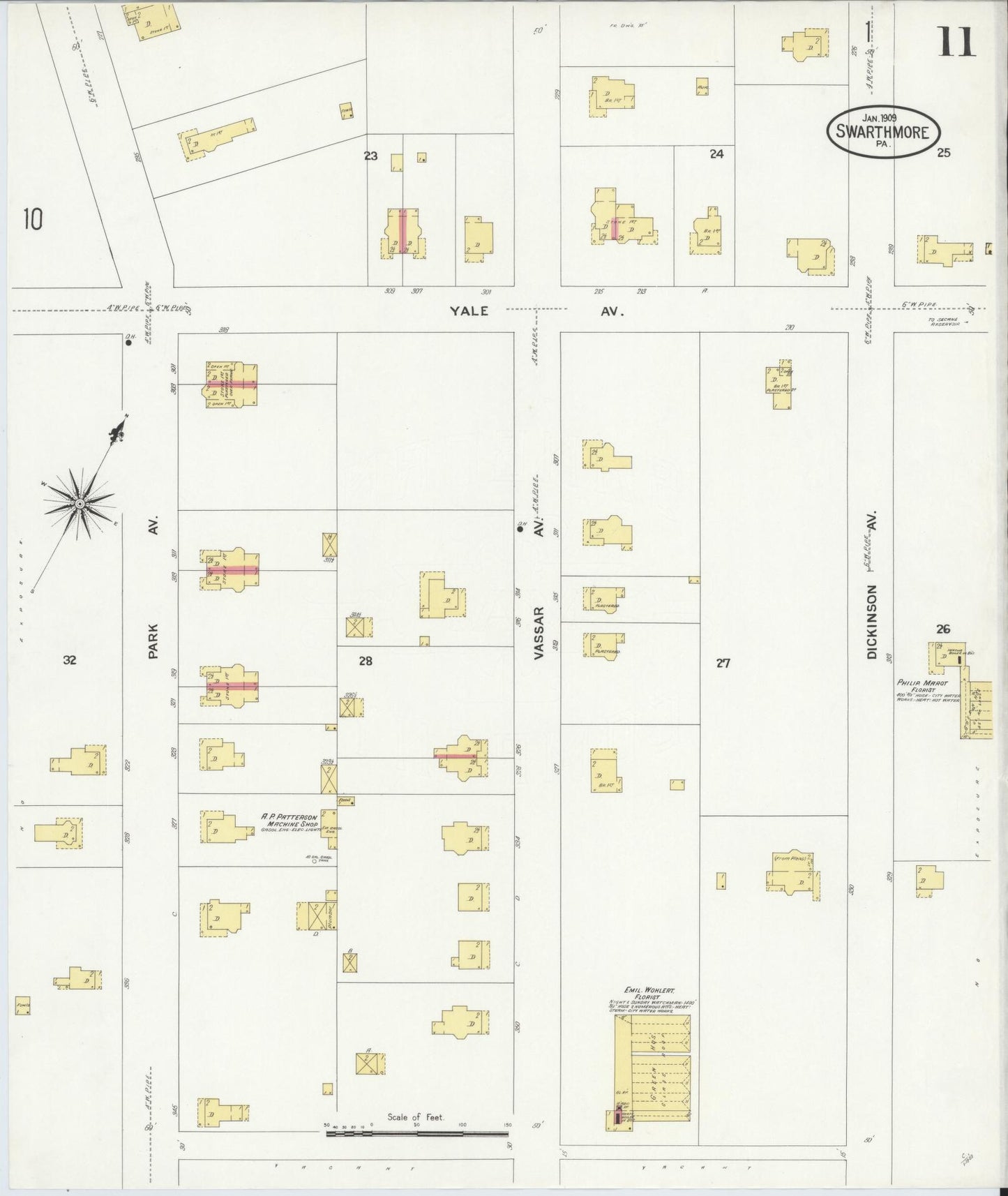 Sanborn Fire Insurance Map from Swarthmore, Delaware County, Pennsylvania (1909), Sheet #0011 - Historic Sanborn Fire Insurance Map Print, vintage old map wall art, antique decor, genealogy gift, Swarthmore Delaware map
