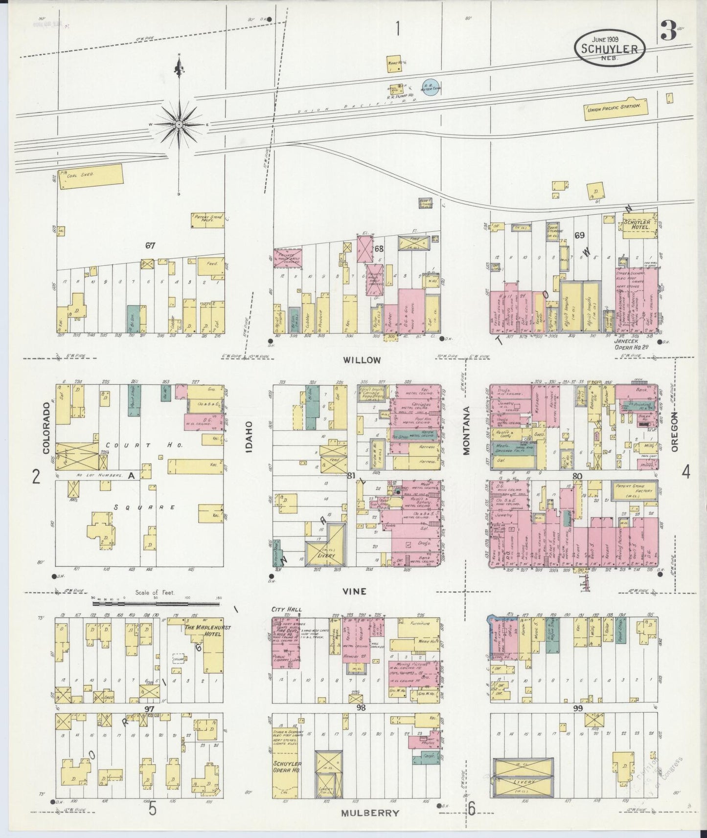 Sanborn Fire Insurance Map from Schuyler, Colfax County, Nebraska (1909), Sheet #0003 - Historic Sanborn Fire Insurance Map Print, vintage old map wall art, antique decor, genealogy gift, Nebraska Nebraska map