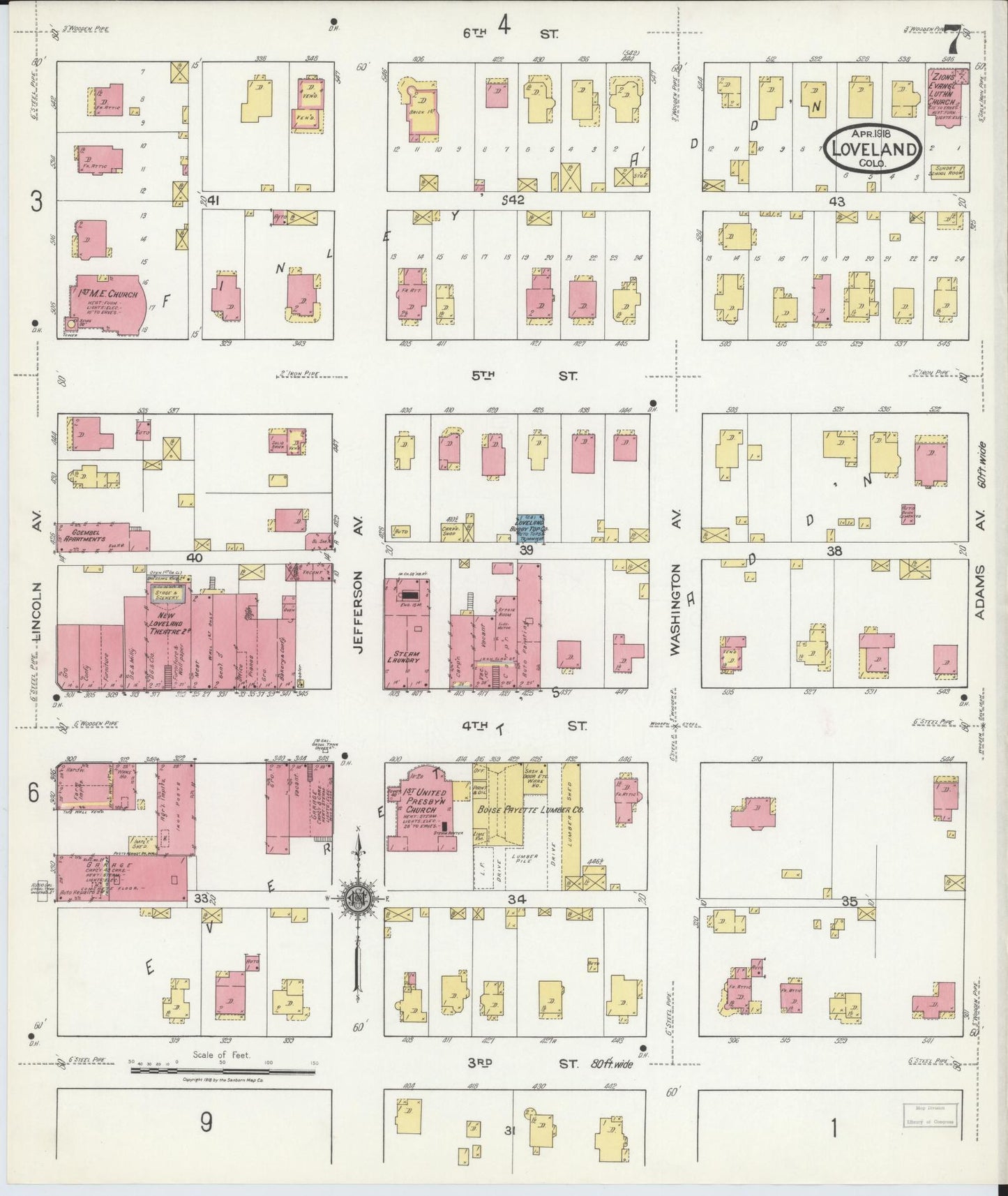 Sanborn Fire Insurance Map from Loveland, Larimer County, Colorado (1918), Sheet #0007 - Historic Sanborn Fire Insurance Map Print, vintage old map wall art, antique decor, genealogy gift, Colorado Colorado map