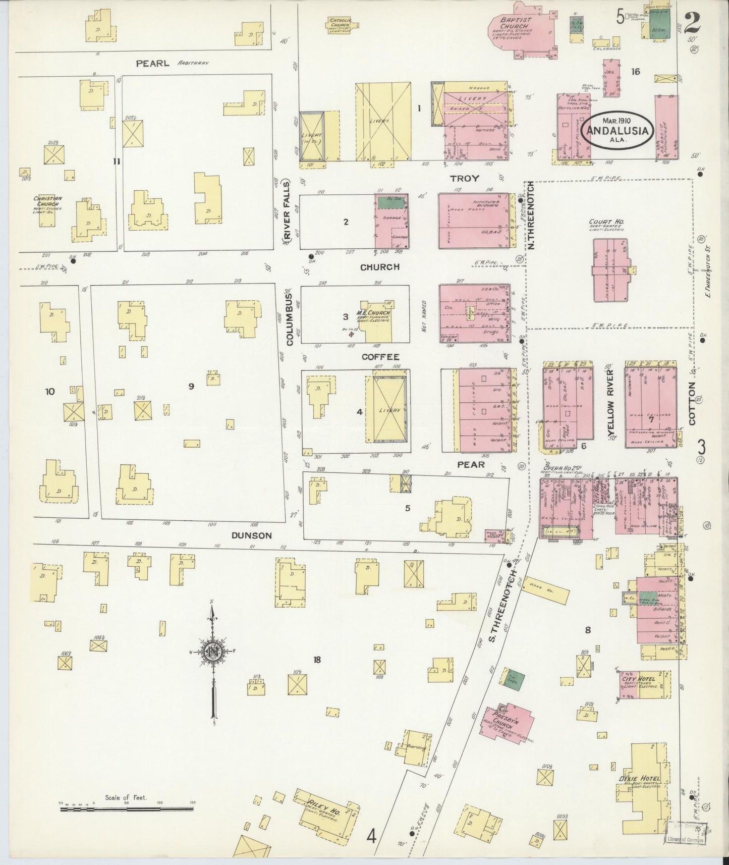 Sanborn Fire Insurance Map from Andalusia, Covington County, Alabama (1910), Sheet #0002 - Historic Sanborn Fire Insurance Map Print, vintage old map wall art, antique decor, genealogy gift, Alabama Alabama map