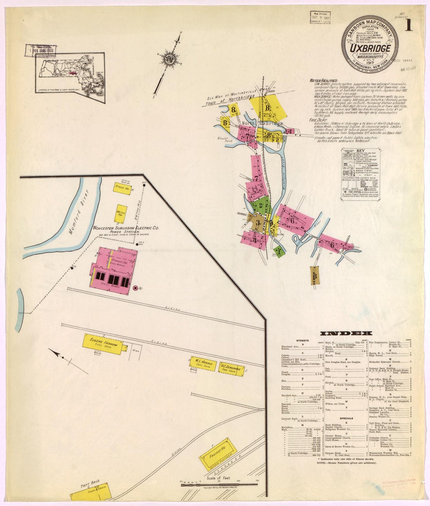 Sanborn Fire Insurance Map from Uxbridge, Worcester County, Massachusetts (1917), Sheet #0001 - Historic Sanborn Fire Insurance Map Print, vintage old map wall art, antique decor, genealogy gift, Massachusetts Massachusetts map