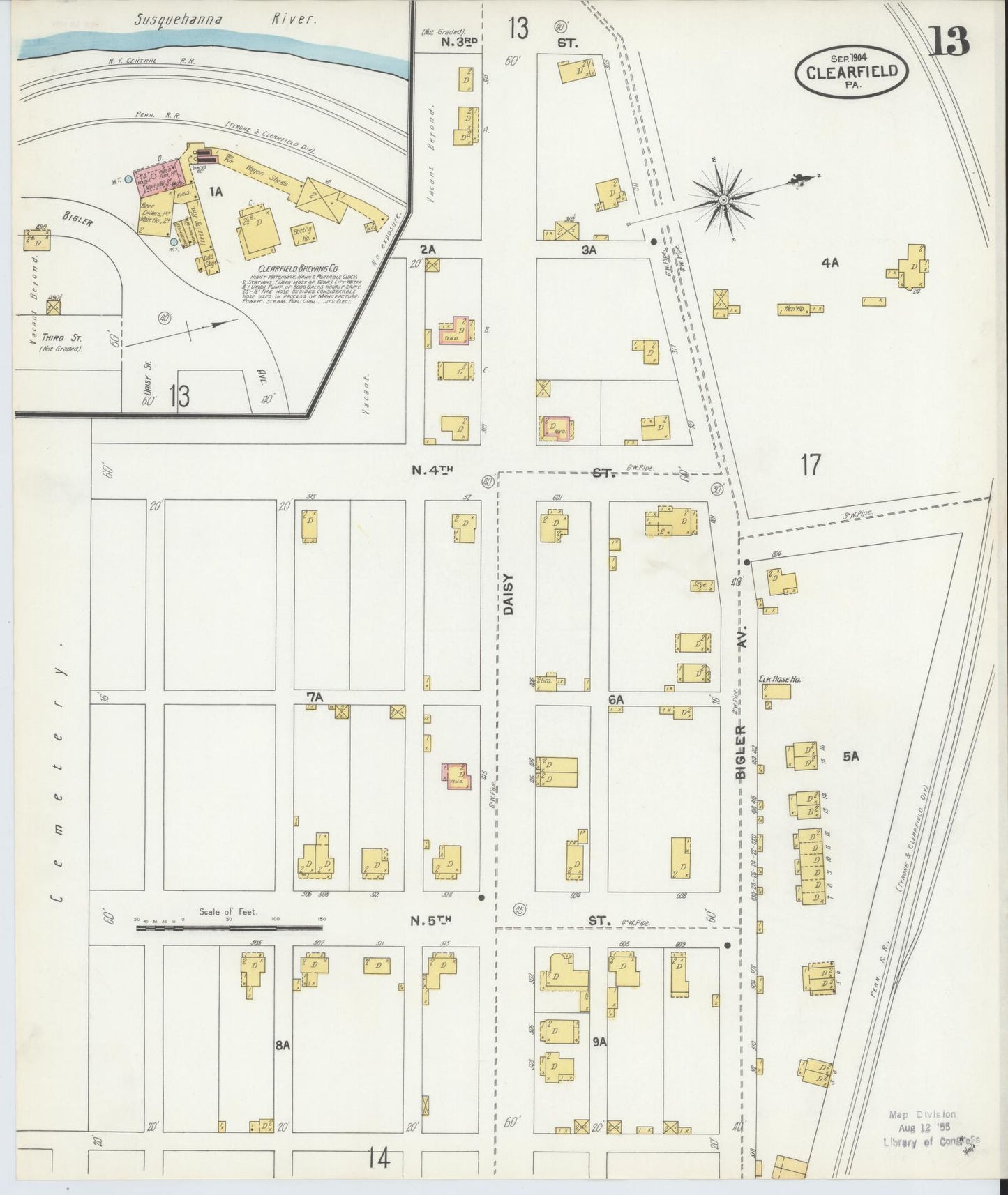 Sanborn Fire Insurance Map from Clearfield, Clearfield County, Pennsylvania (1904), Sheet #0013 - Historic Sanborn Fire Insurance Map Print, vintage old map wall art, antique decor, genealogy gift, Pennsylvania Pennsylvania map