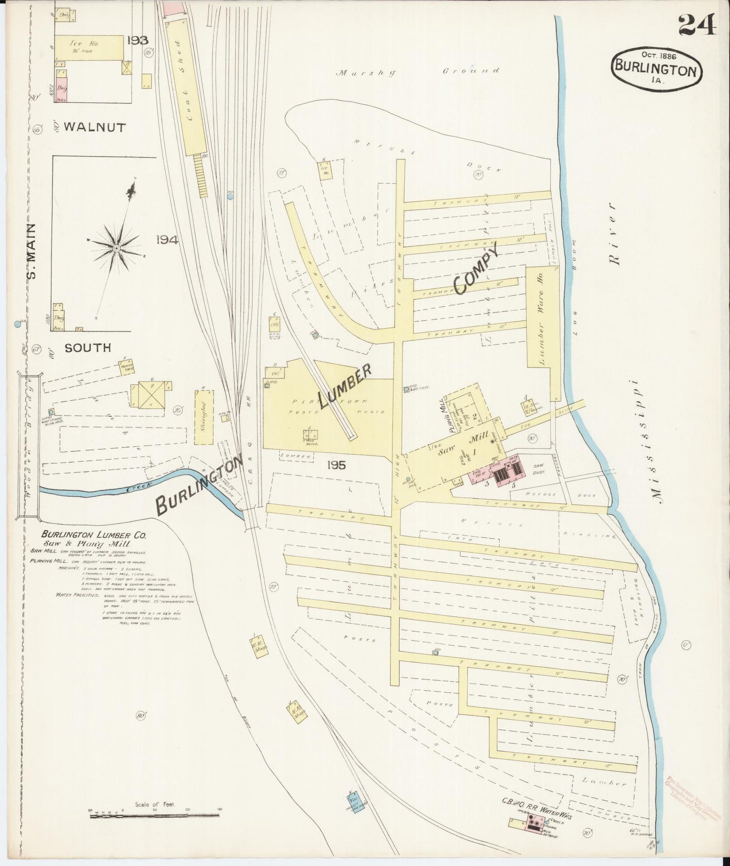 Sanborn Fire Insurance Map from Burlington, Des Moines County, Iowa (1888), Sheet #0024 - Historic Sanborn Fire Insurance Map Print, vintage old map wall art