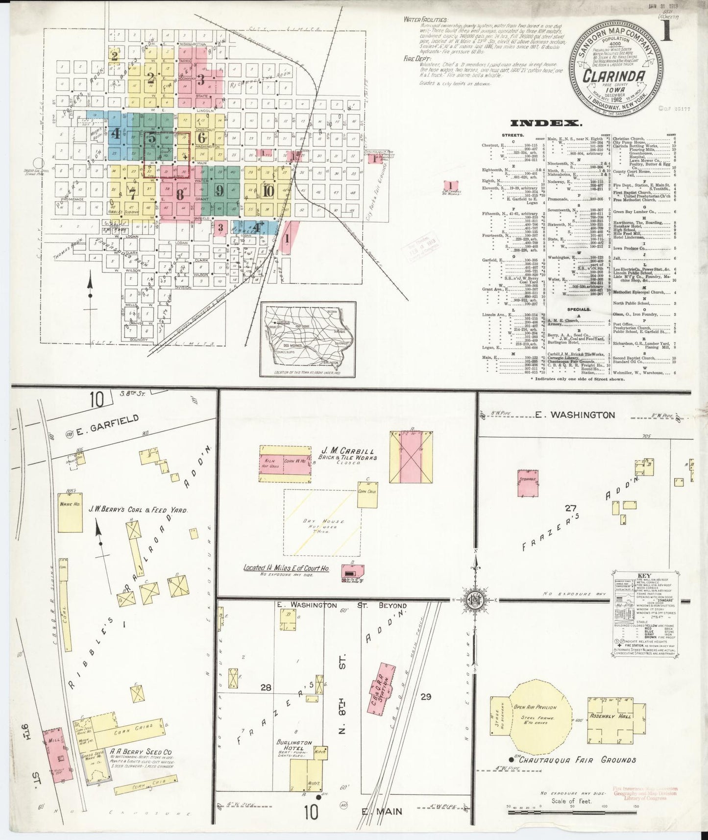 Sanborn Fire Insurance Map from Clarinda, Page County, Iowa (1912), Sheet #0001 - Historic Sanborn Fire Insurance Map Print, vintage old map wall art