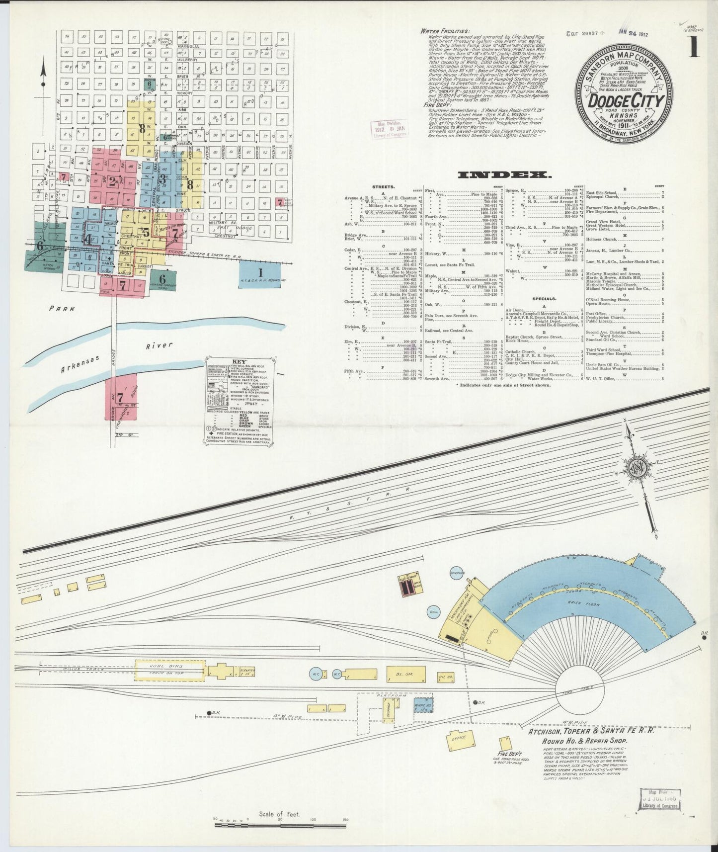 Sanborn Fire Insurance Map from Dodge City, Ford County, Kansas (1911), Sheet #0001 - Historic Sanborn Fire Insurance Map Print, vintage old map wall art, antique decor, genealogy gift, Kansas Kansas map