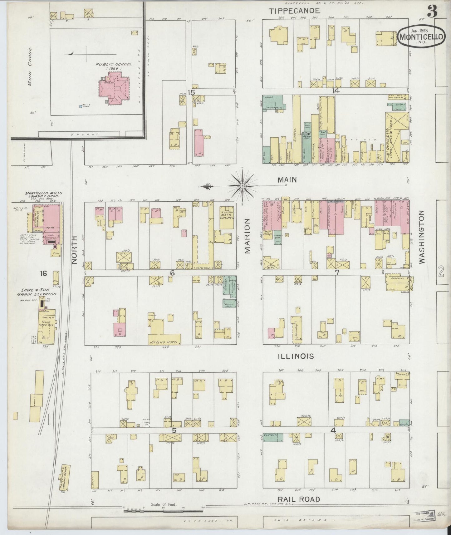 Sanborn Fire Insurance Map from Monticello, White County, Indiana (1893), Sheet #0003 - Complete Map Set gallery image, historic Sanborn map, vintage wall art, Indiana Indiana