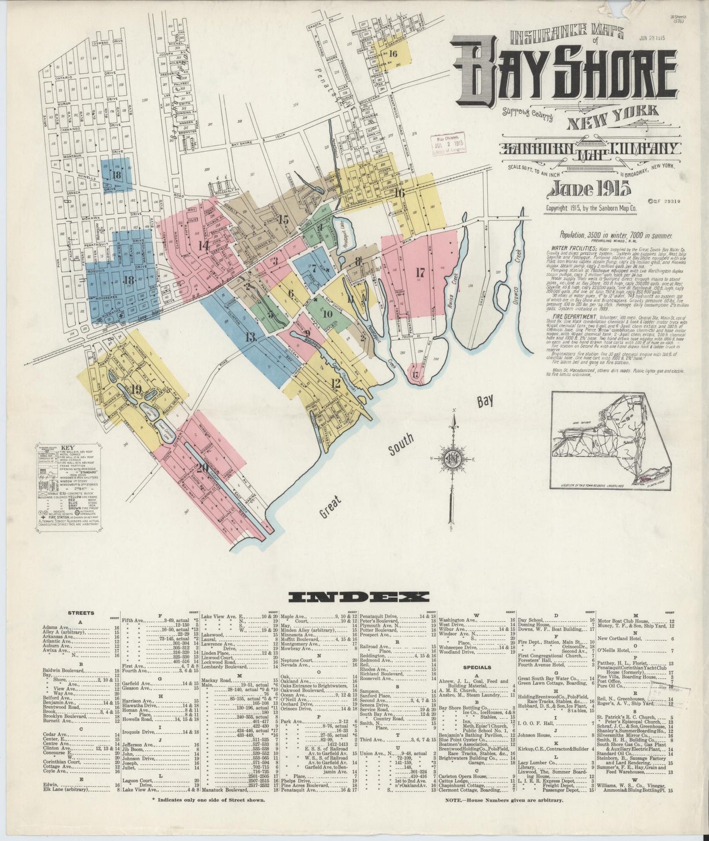 Sanborn Fire Insurance Map from Bay Shore, Suffolk County, New York. (1915) – Historic Sanborn Fire Insurance Map Print
