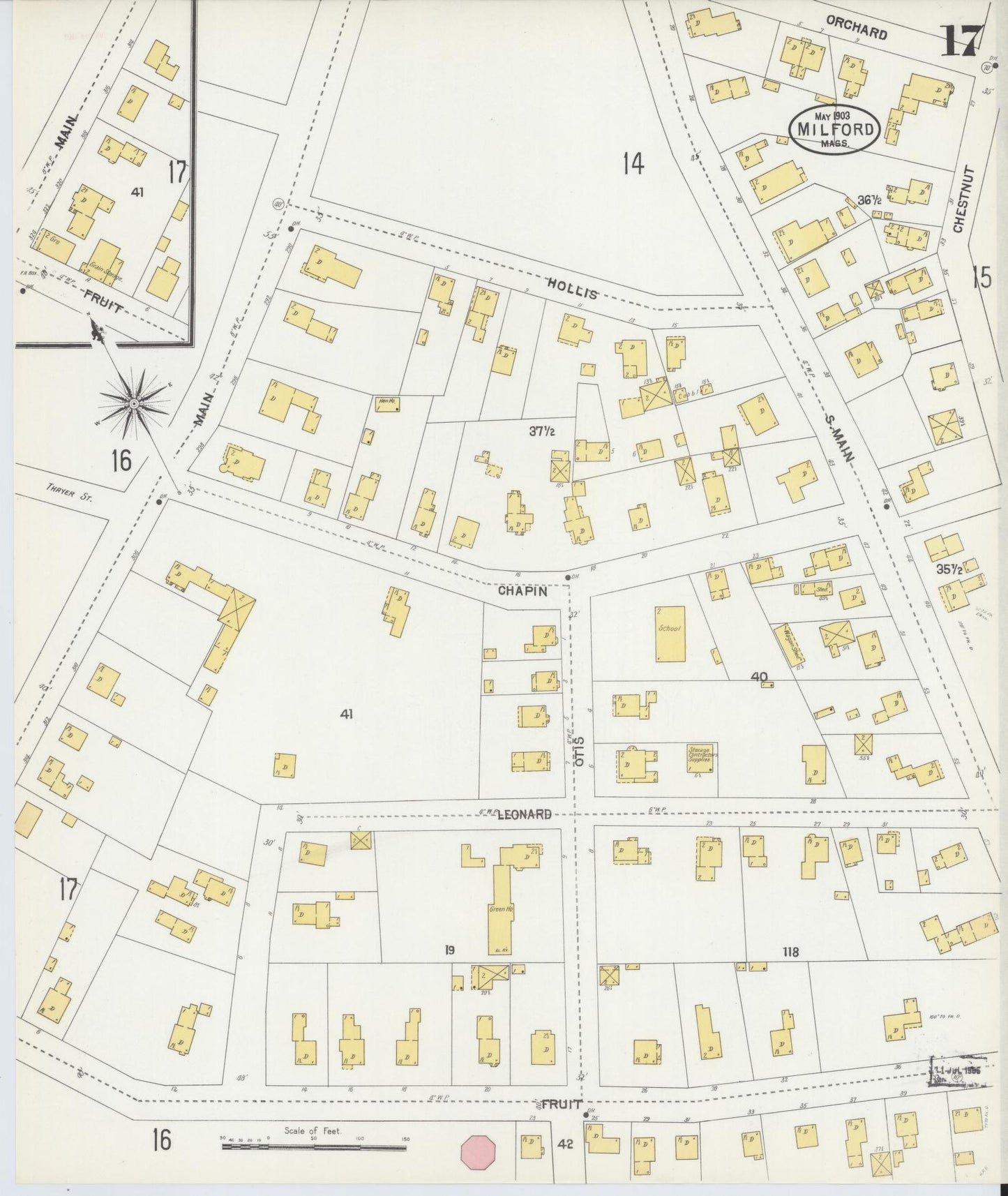 Sanborn Fire Insurance Map from Milford, Worcester County, Massachusetts (1903), Sheet #0017 - Historic Sanborn Fire Insurance Map Print, vintage old map wall art, antique decor, genealogy gift, Massachusetts Massachusetts map