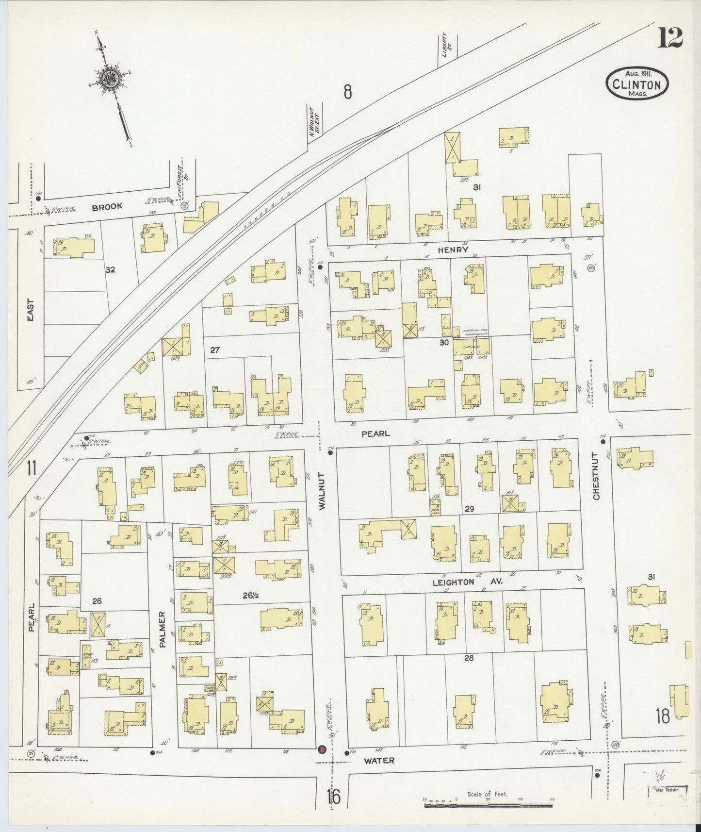 Sanborn Fire Insurance Map from Clinton, Worcester County, Massachusetts (1911), Sheet #0012 - Historic Sanborn Fire Insurance Map Print, vintage old map wall art, antique decor, genealogy gift, Massachusetts Massachusetts map