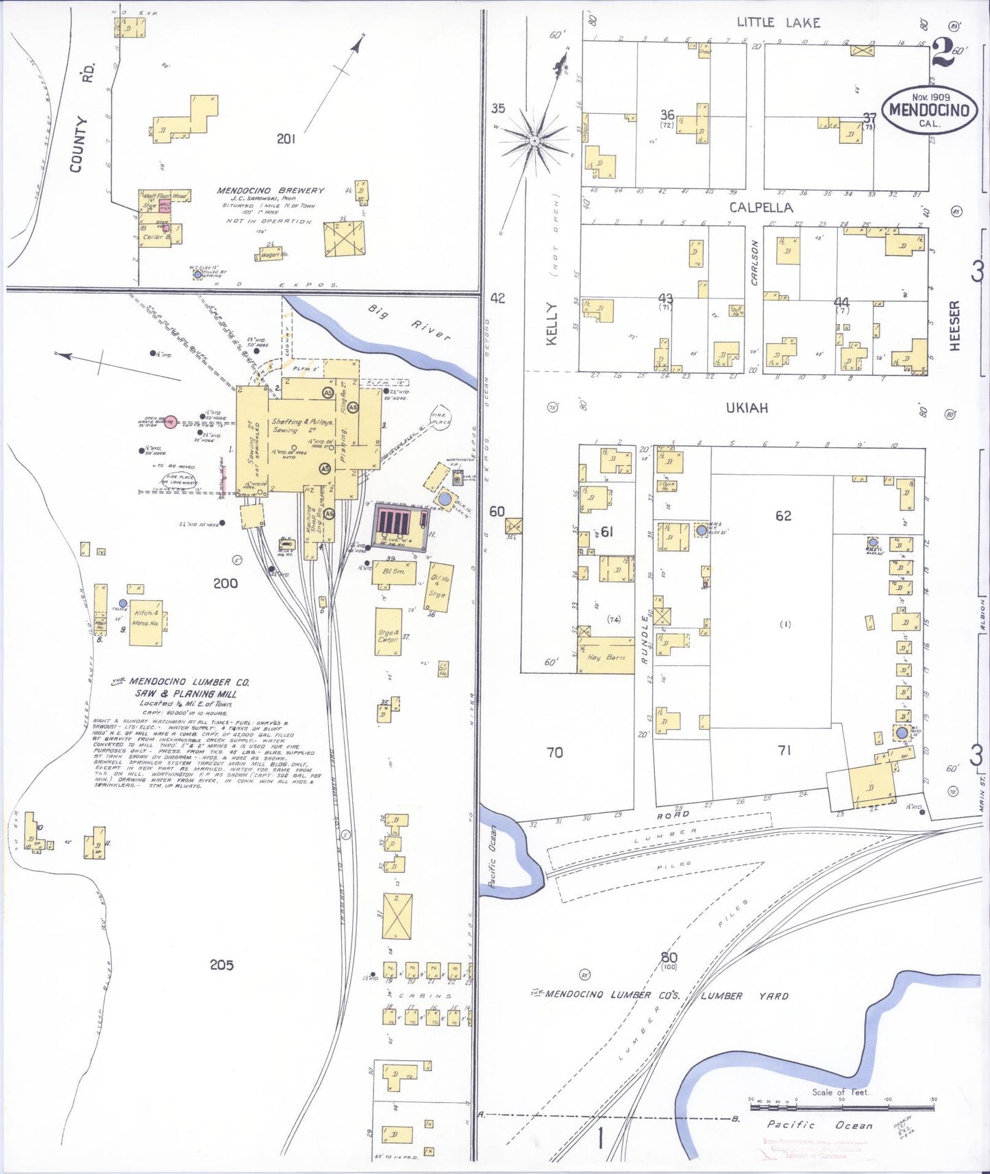 Sanborn Fire Insurance Map from Mendocino, Mendocino County, California (1909), Sheet #0002 - Historic Sanborn Fire Insurance Map Print, vintage old map wall art, antique decor, genealogy gift, California California map