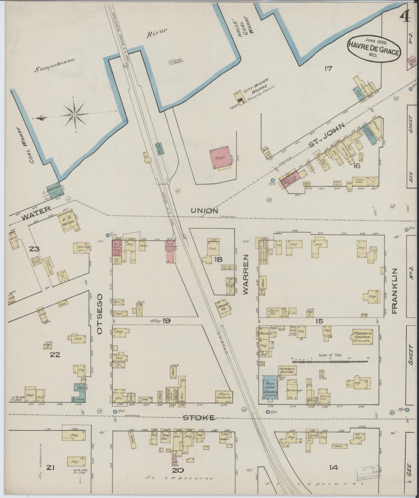 Sanborn Fire Insurance Map from Havre De Grace, Harford County, Maryland (1885), Sheet #0004 - Historic Sanborn Fire Insurance Map Print, vintage old map wall art