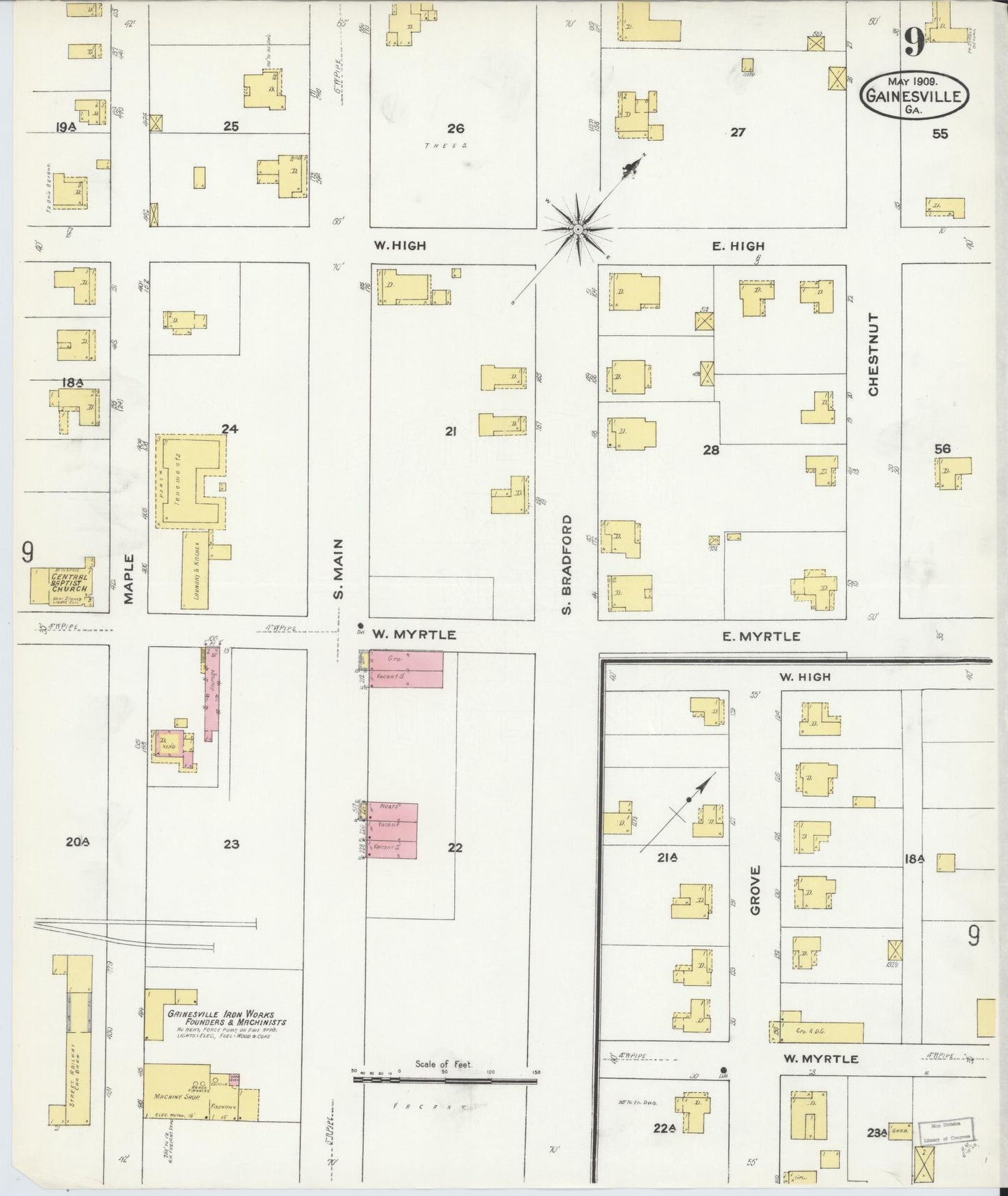 Sanborn Fire Insurance Map from Gainesville, Hall County, Georgia (1909), Sheet #0009 - Historic Sanborn Fire Insurance Map Print, vintage old map wall art, antique decor, genealogy gift, Georgia Georgia map
