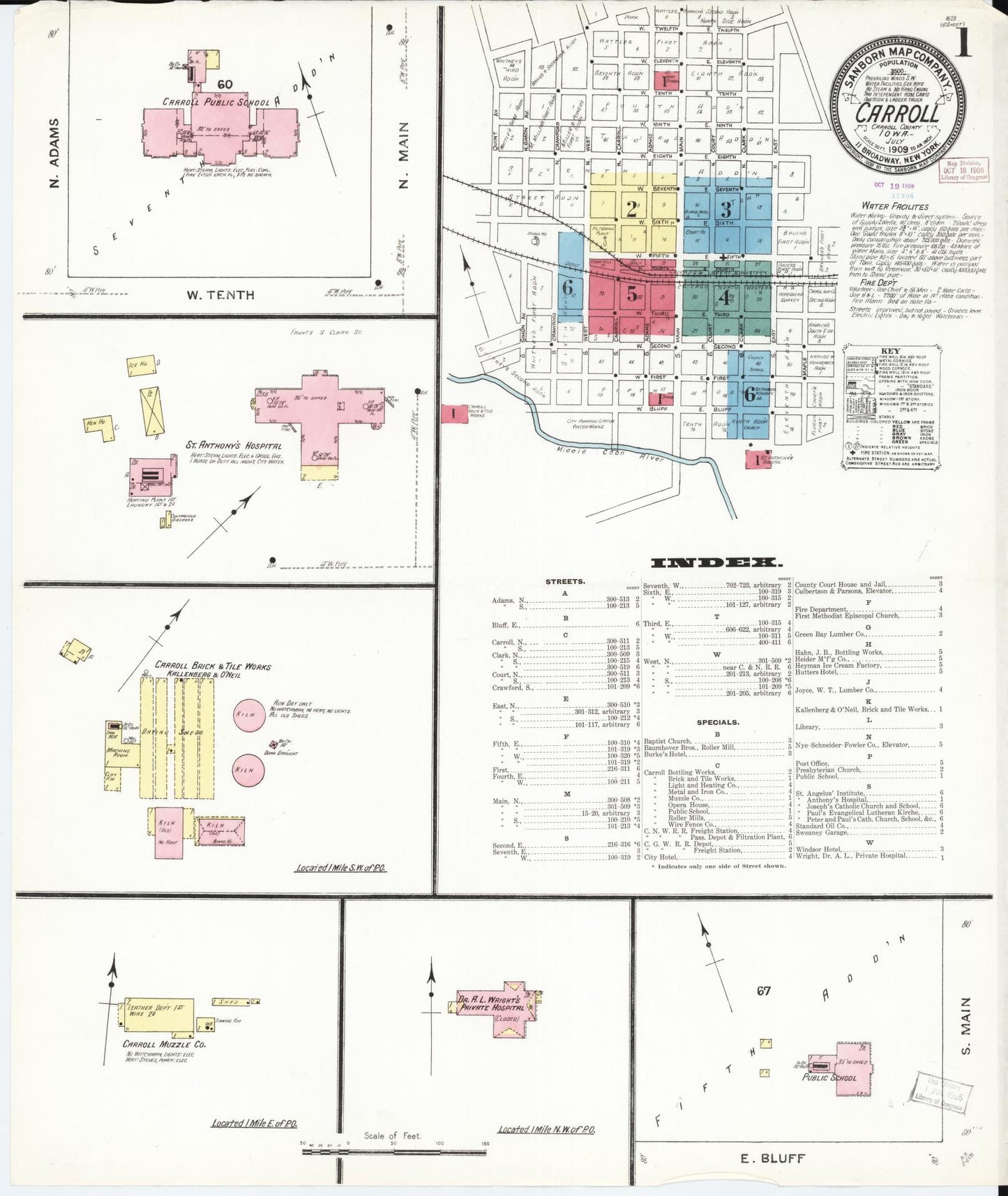 Sanborn Fire Insurance Map from Carroll, Carroll County, Iowa (1909), Sheet #0001 - Historic Sanborn Fire Insurance Map Print, vintage old map wall art