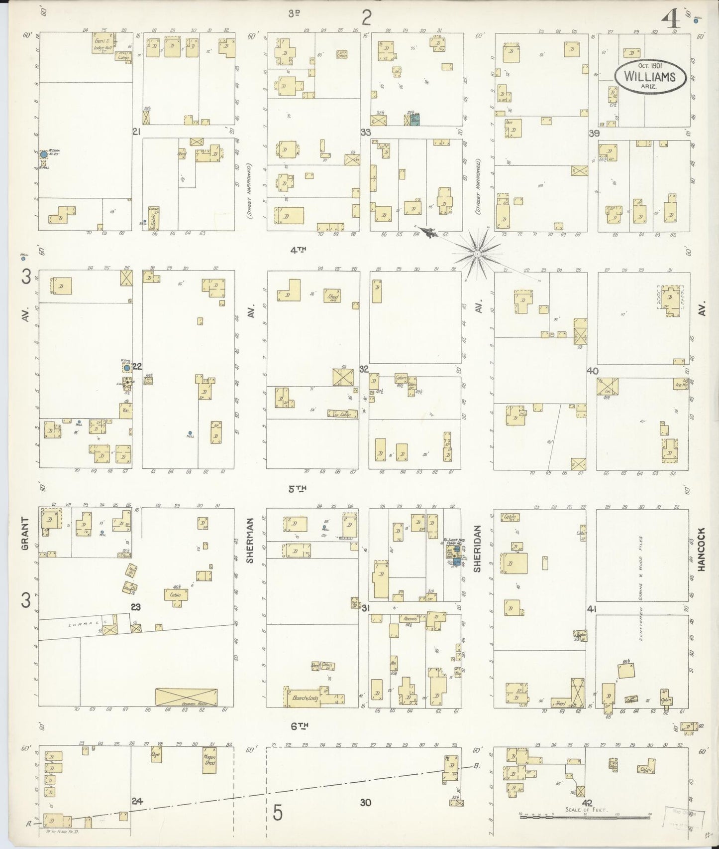 Sanborn Fire Insurance Map from Williams, Coconino County, Arizona (1901), Sheet #0004 - Historic Sanborn Fire Insurance Map Print, vintage old map wall art, antique decor, genealogy gift, Arizona Arizona map