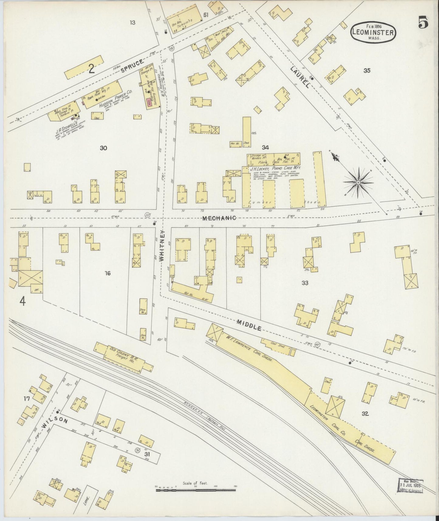Sanborn Fire Insurance Map from Leominster, Worcester County, Massachusetts (1896), Sheet #0005 - Historic Sanborn Fire Insurance Map Print, vintage old map wall art, antique decor, genealogy gift, Massachusetts Massachusetts map