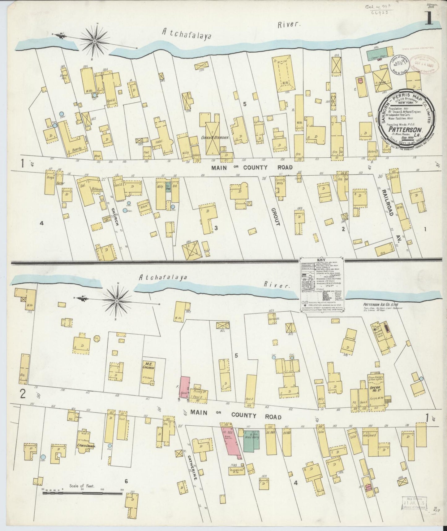Sanborn Fire Insurance Map from Patterson, Saint Mary Parish, Louisiana (1899), Sheet #0001 - Historic Sanborn Fire Insurance Map Print, vintage old map wall art, antique decor, genealogy gift, Louisiana Louisiana map