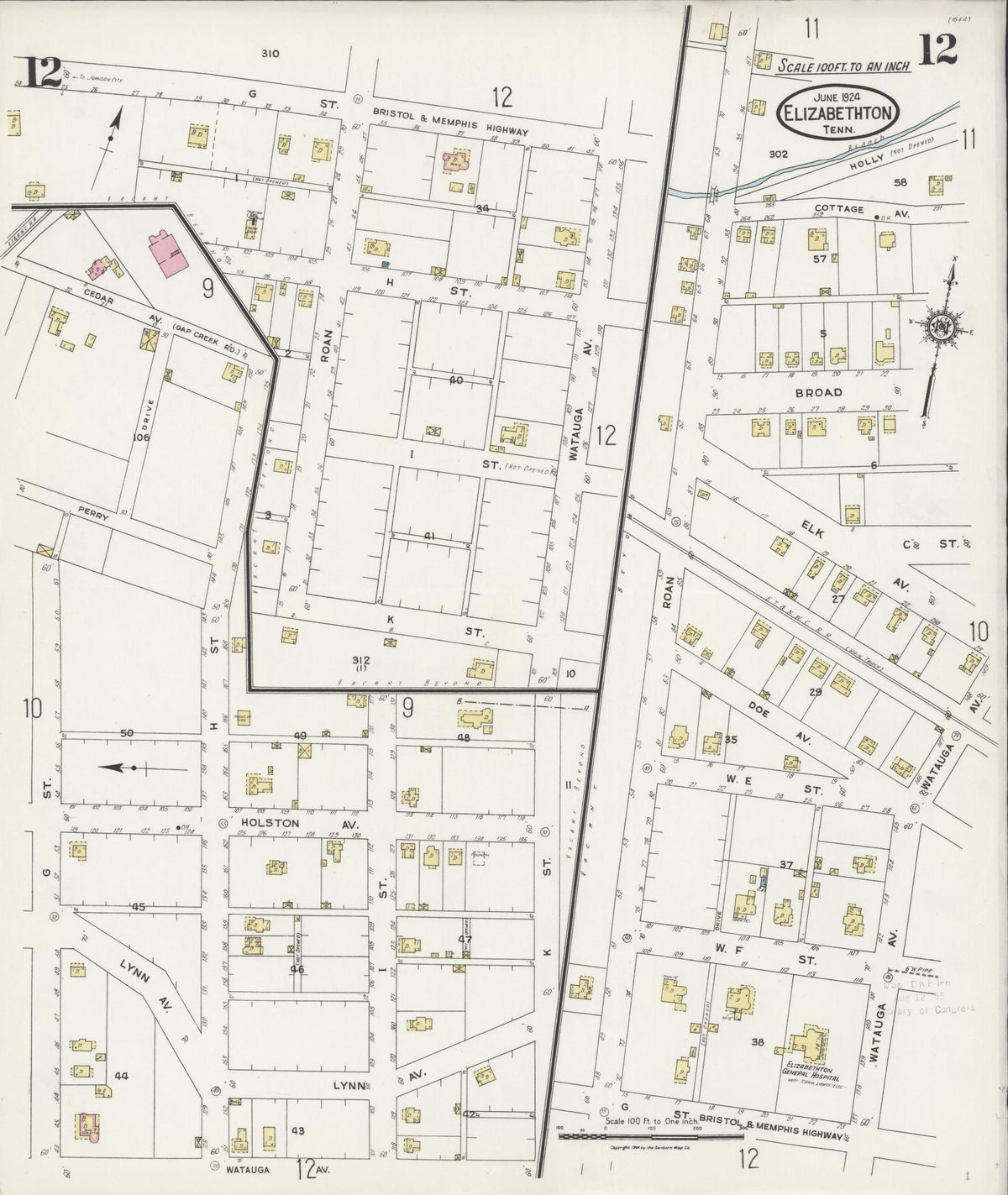 Sanborn Fire Insurance Map from Elizabethton, Carter County, Tennessee (1924), Sheet #0012 - Complete Map Set gallery image, historic Sanborn map, vintage wall art, Tennessee Tennessee