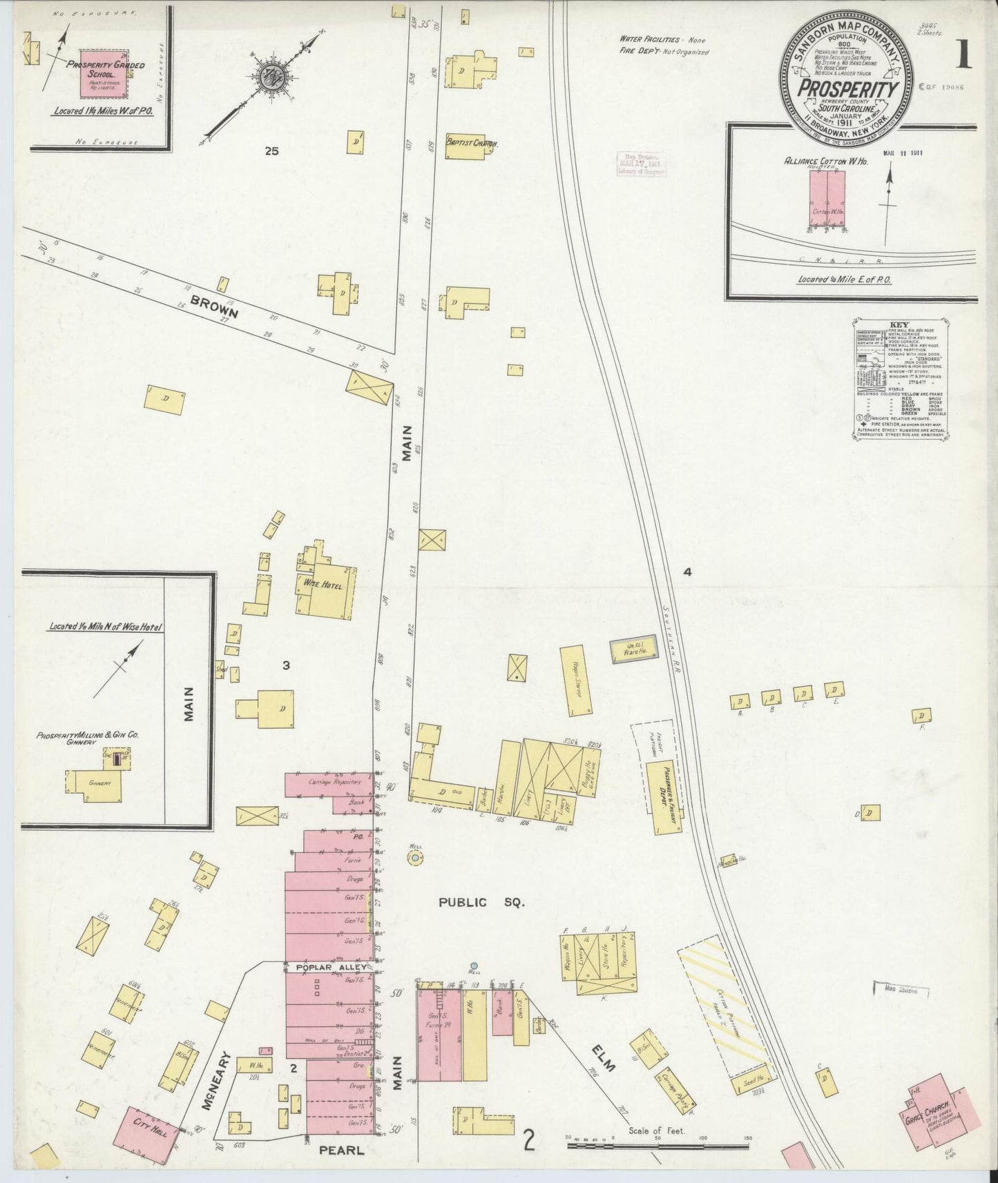 Sanborn Fire Insurance Map from Prosperity, Newberry County, South Carolina (1911), Sheet #0001 - Historic Sanborn Fire Insurance Map Print, vintage old map wall art, antique decor, genealogy gift, South Carolina South Carolina map