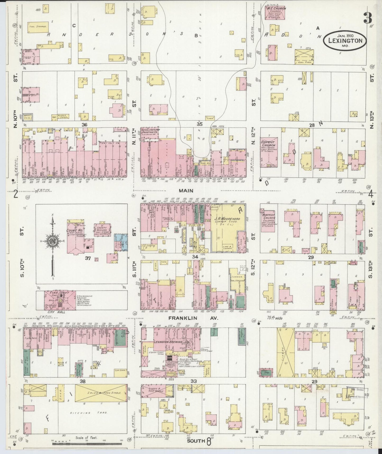 Sanborn Fire Insurance Map from Lexington, Lafayette County, Missouri (1910), Sheet #0003 - Historic Sanborn Fire Insurance Map Print, vintage old map wall art, antique decor, genealogy gift, Missouri Missouri map