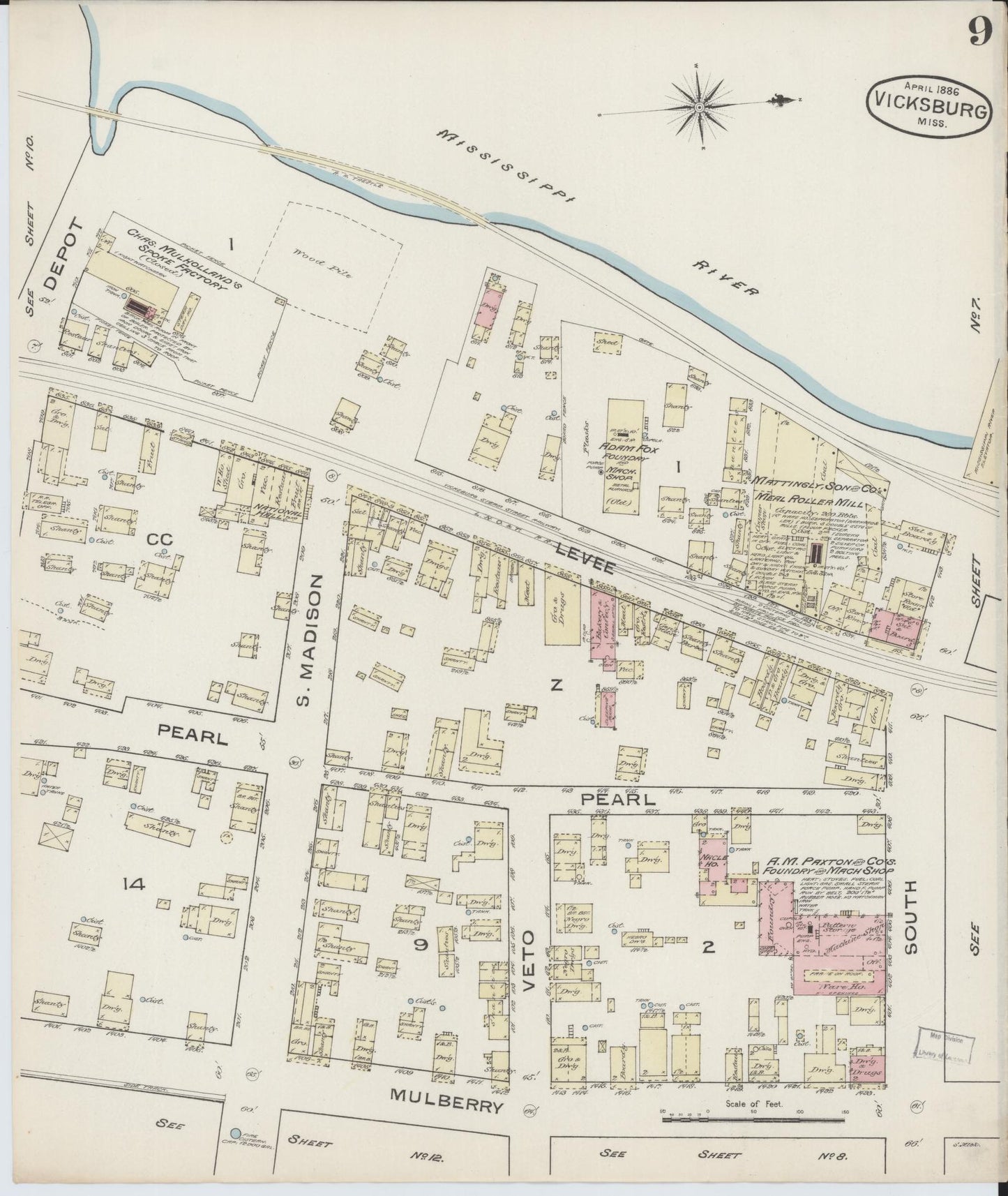 Sanborn Fire Insurance Map from Vicksburg, Warren County, Mississippi (1886), Sheet #0009 - Historic Sanborn Fire Insurance Map Print, vintage old map wall art, antique decor, genealogy gift, Mississippi Mississippi map