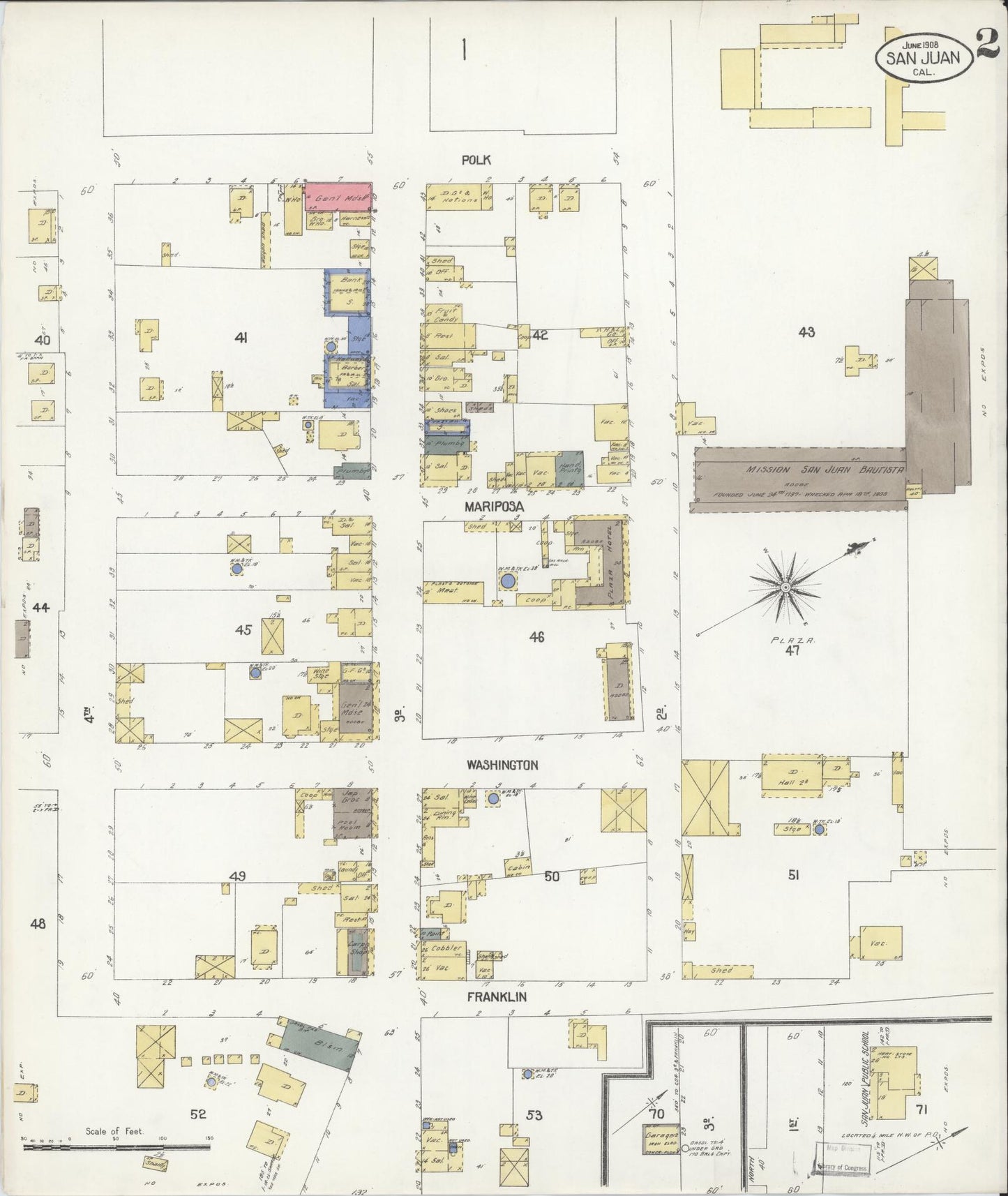 Sanborn Fire Insurance Map from San Juan Bautista, San Benito County, California (1908), Sheet #0002 - Complete Map Set gallery image, historic Sanborn map, vintage wall art, California California