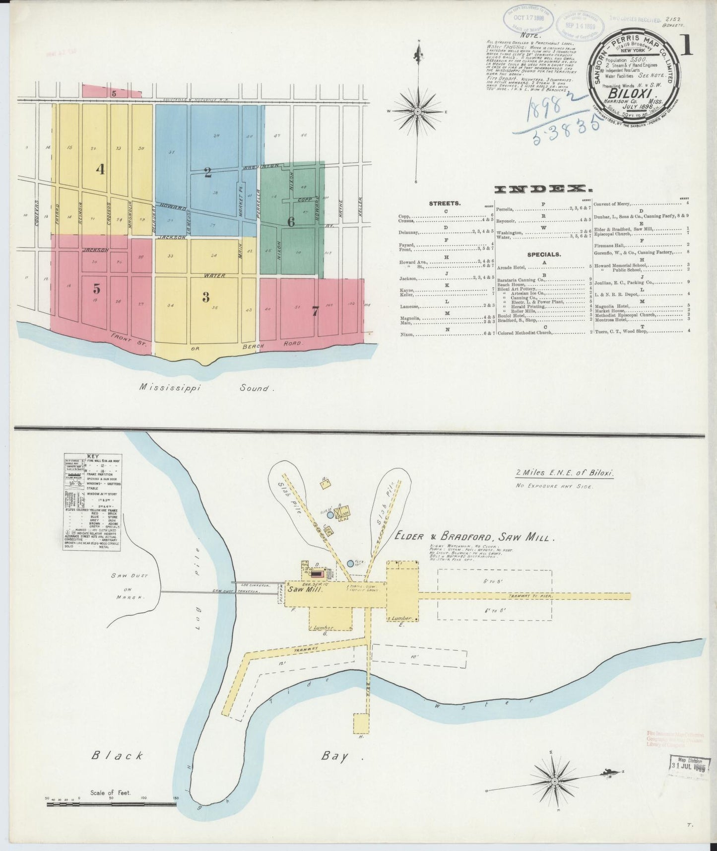 Sanborn Fire Insurance Map from Biloxi, Harrison County, Mississippi (1898), Sheet #0001 - Historic Sanborn Fire Insurance Map Print, vintage old map wall art, antique decor, genealogy gift, Mississippi Mississippi map