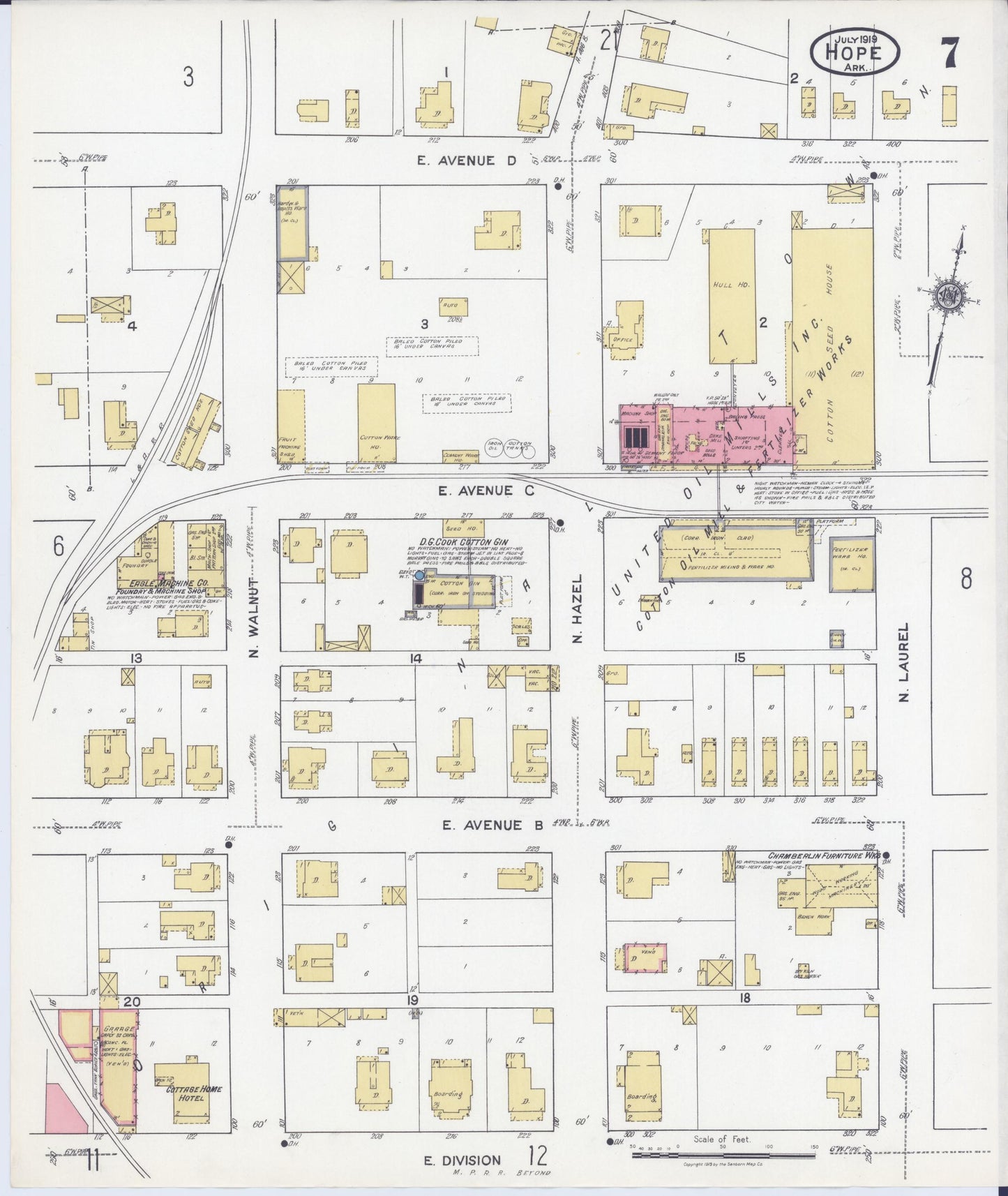 Sanborn Fire Insurance Map from Hope, Hempstead County, Arkansas (1919), Sheet #0007 - Historic Sanborn Fire Insurance Map Print, vintage old map wall art, antique decor, genealogy gift, Arkansas Arkansas map