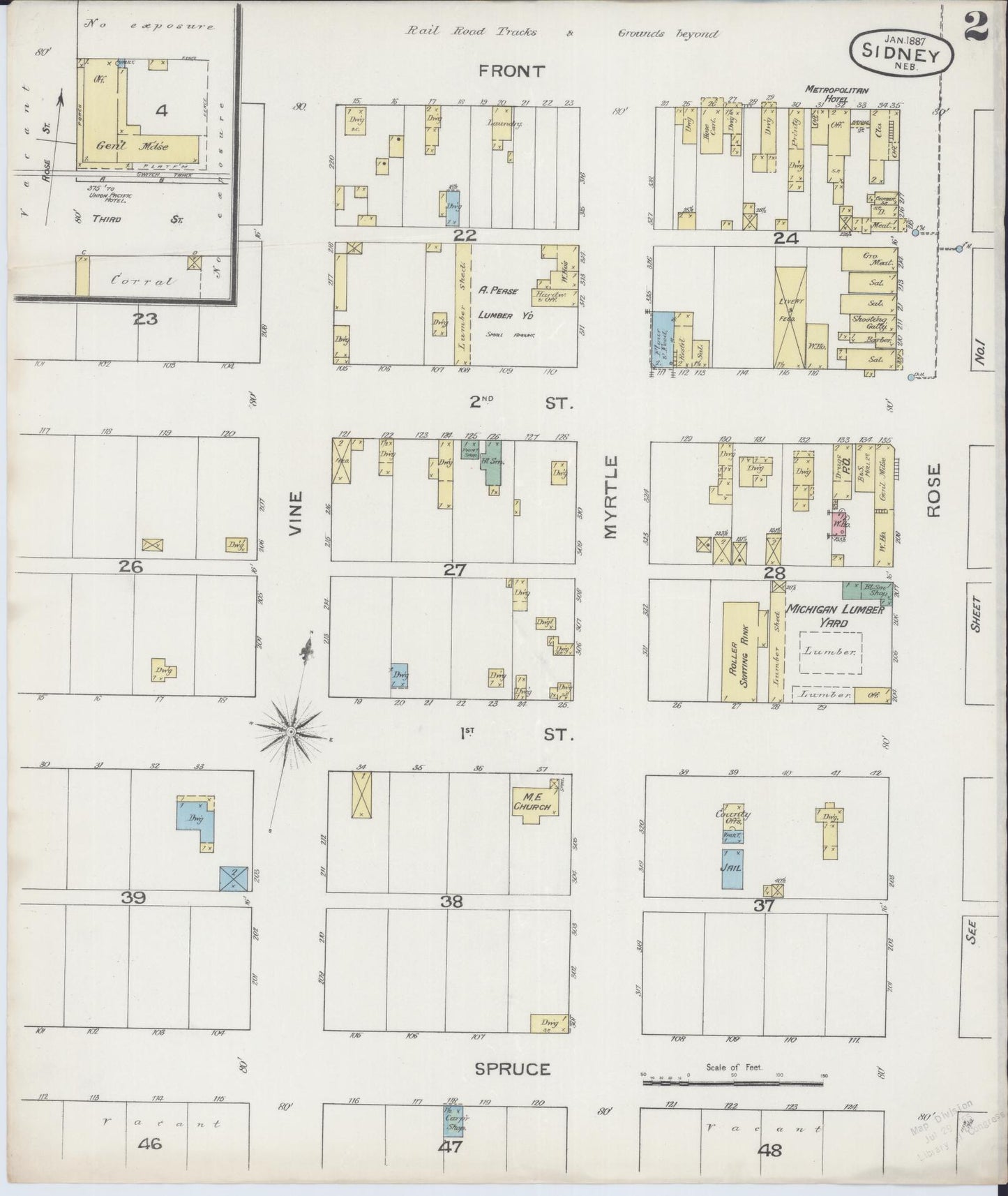 Sanborn Fire Insurance Map from Sidney, Cheyenne County, Nebraska (1887), Sheet #0002 - Historic Sanborn Fire Insurance Map Print, vintage old map wall art, antique decor, genealogy gift, Nebraska Nebraska map