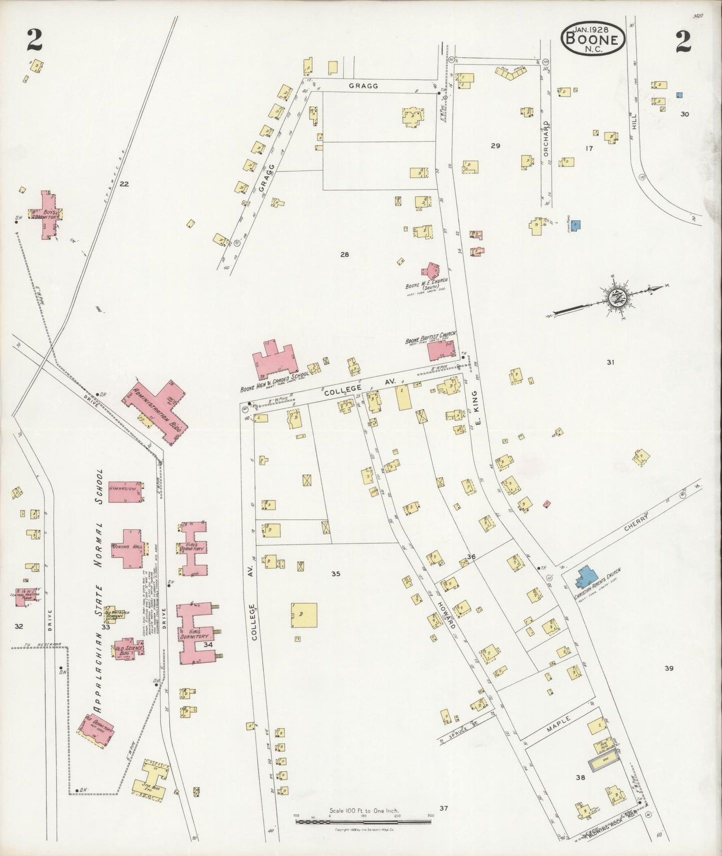 Sanborn Fire Insurance Map from Boone, Watauga County, North Carolina (1928), Sheet #0002 - Historic Sanborn Fire Insurance Map Print, vintage old map wall art, antique decor, genealogy gift, North Carolina North Carolina map
