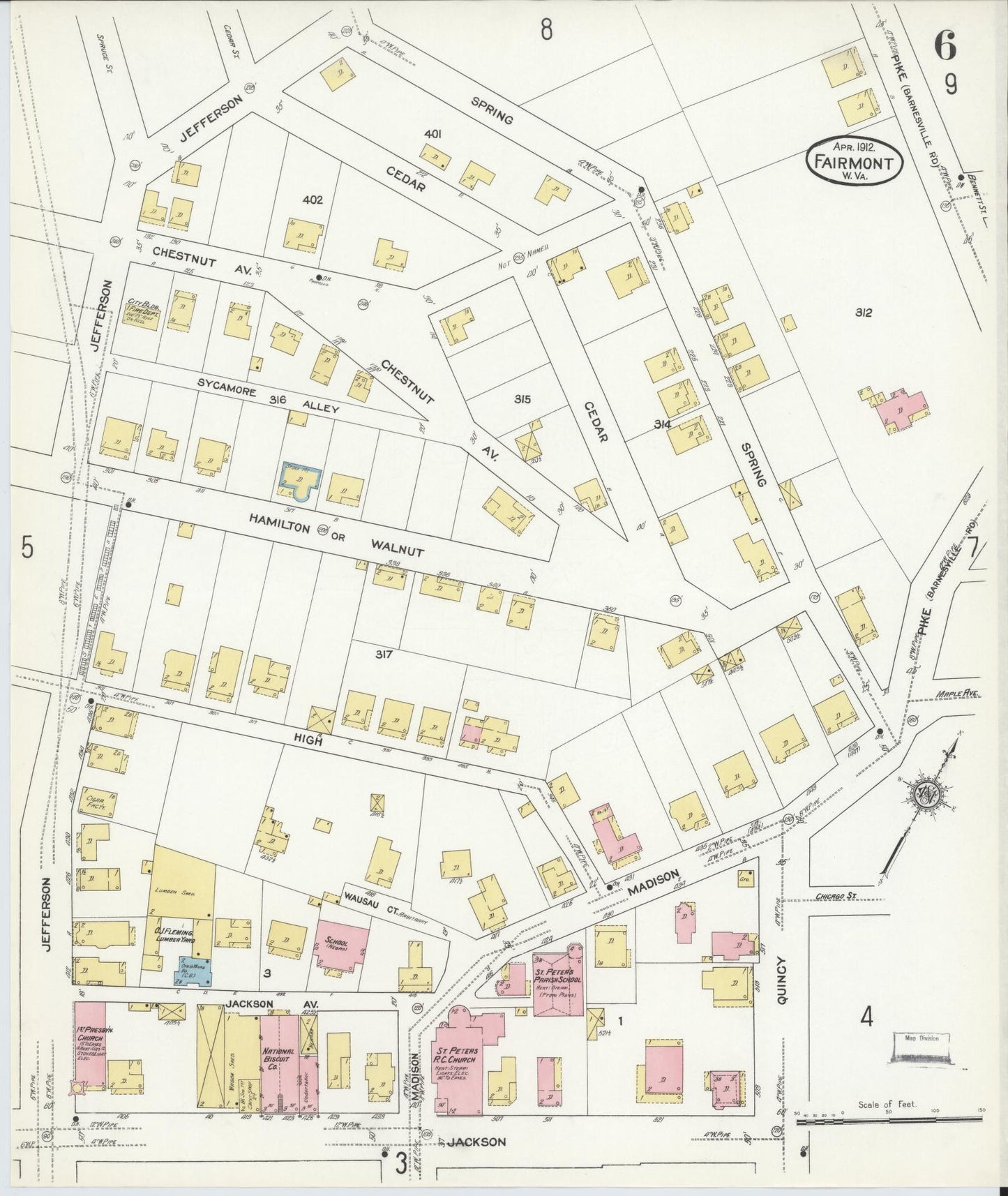 Sanborn Fire Insurance Map from Fairmont, Marion County, West Virginia (1912), Sheet #0006 - Historic Sanborn Fire Insurance Map Print, vintage old map wall art, antique decor, genealogy gift, West Virginia West Virginia map