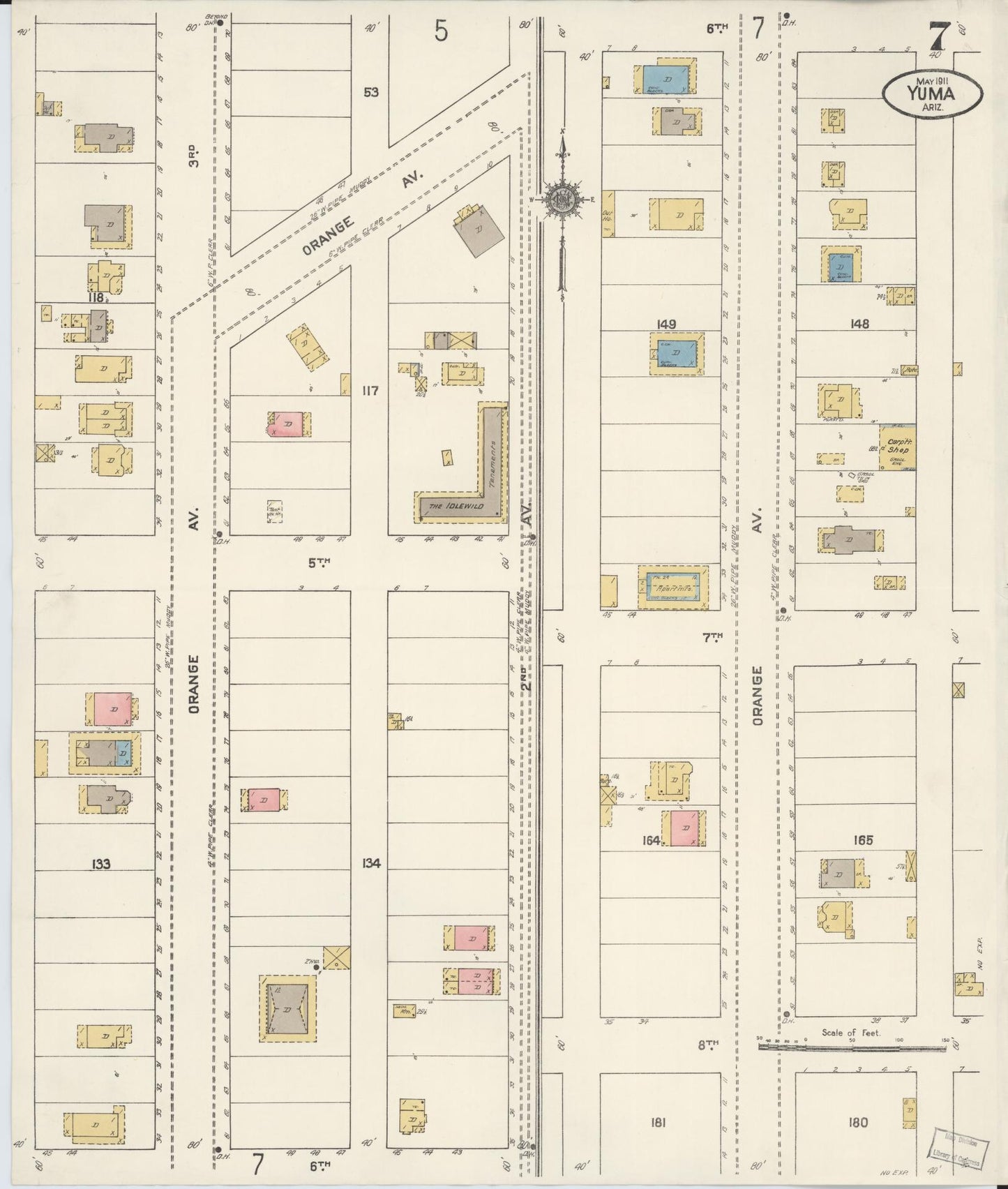 Sanborn Fire Insurance Map from Yuma, Yuma County, Arizona (1911), Sheet #0007 - Historic Sanborn Fire Insurance Map Print, vintage old map wall art, antique decor, genealogy gift, Arizona Arizona map