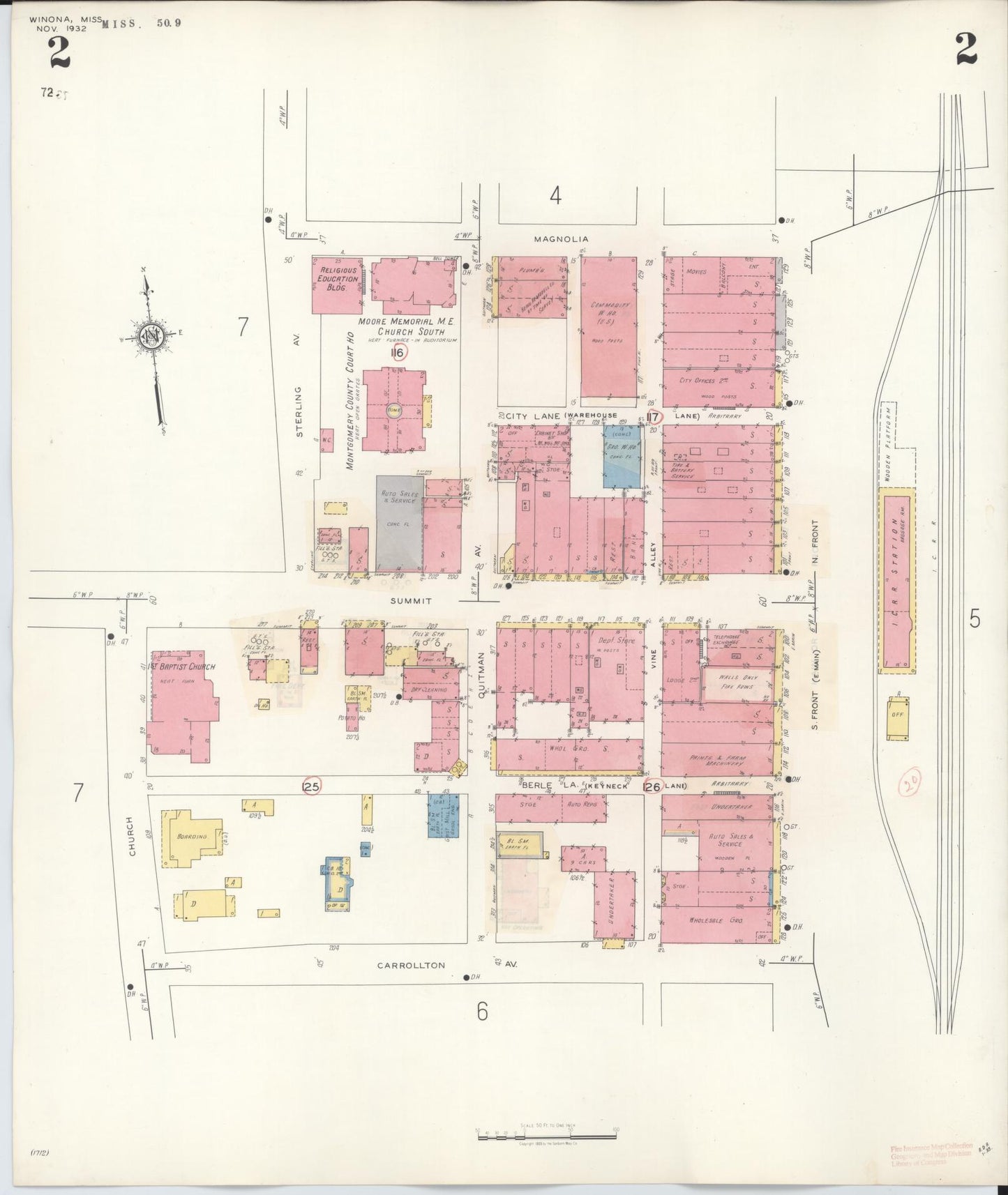 Sanborn Fire Insurance Map from Winona, Montgomery County, Mississippi (1940), Sheet #0002 - Historic Sanborn Fire Insurance Map Print, vintage old map wall art, antique decor, genealogy gift, Mississippi Mississippi map