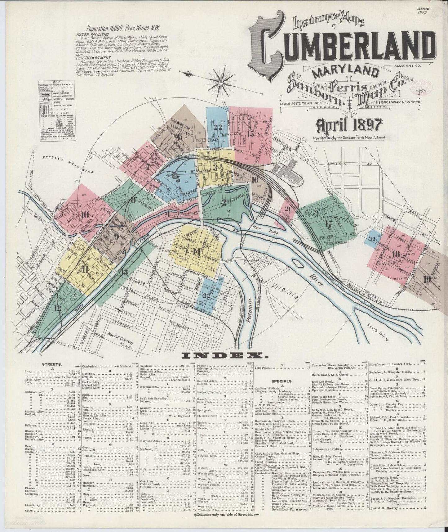 Sanborn Fire Insurance Map from Cumberland, Allegany County, Maryland (1897), Sheet #0001 - Historic Sanborn Fire Insurance Map Print, vintage old map wall art, antique decor, genealogy gift, Maryland Maryland map