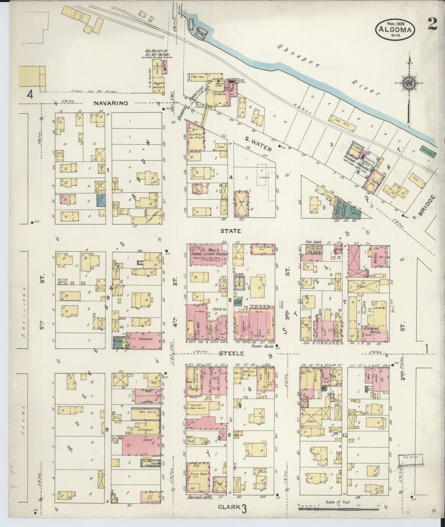 Sanborn Fire Insurance Map from Algoma, Kewaunee County, Wisconsin (1909), Sheet #0002 - Historic Sanborn Fire Insurance Map Print, vintage old map wall art, antique decor, genealogy gift, Wisconsin Wisconsin map