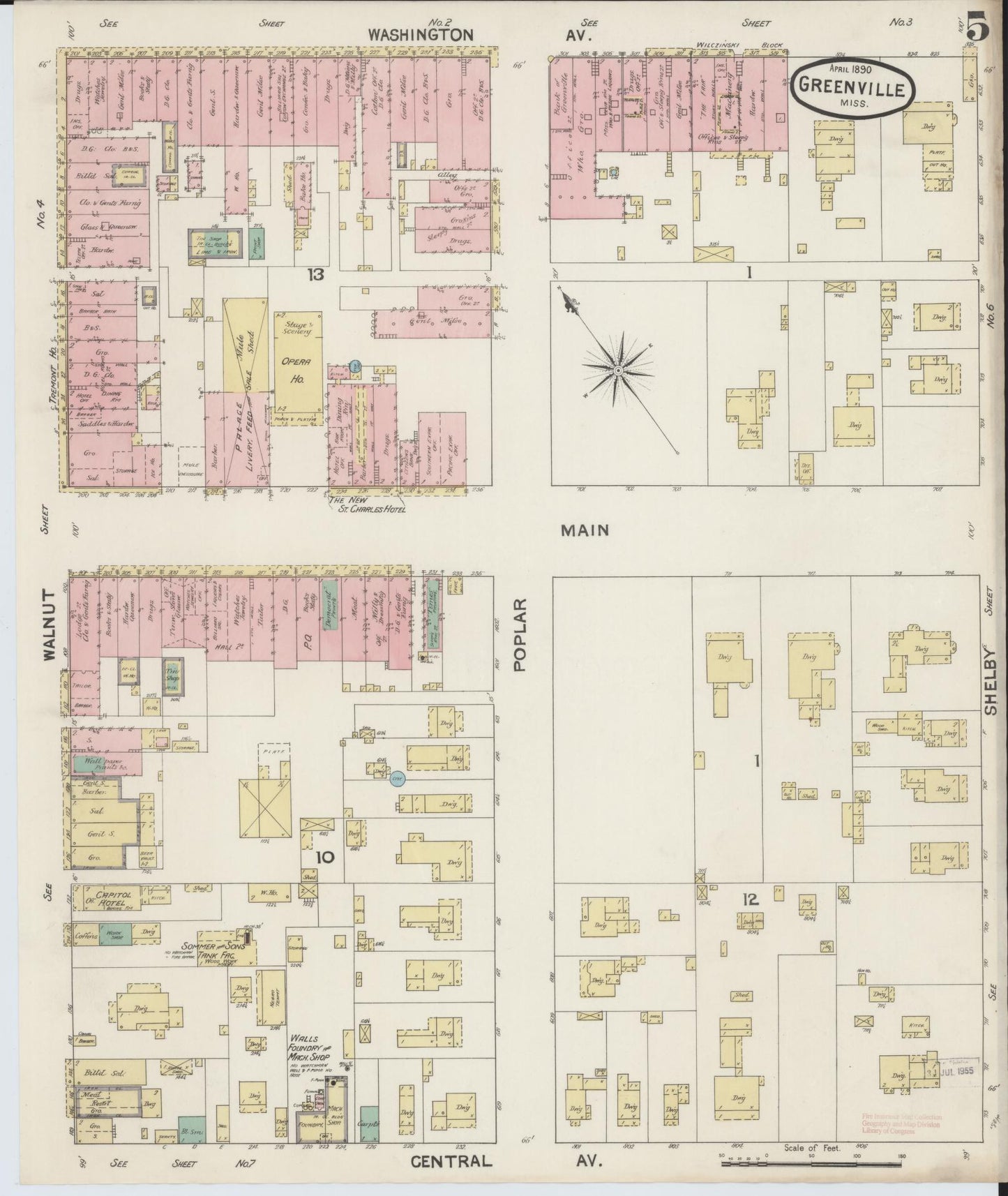 Sanborn Fire Insurance Map from Greenville, Washington County, Mississippi (1890), Sheet #0005 - Historic Sanborn Fire Insurance Map Print, vintage old map wall art, antique decor, genealogy gift, Mississippi Mississippi map