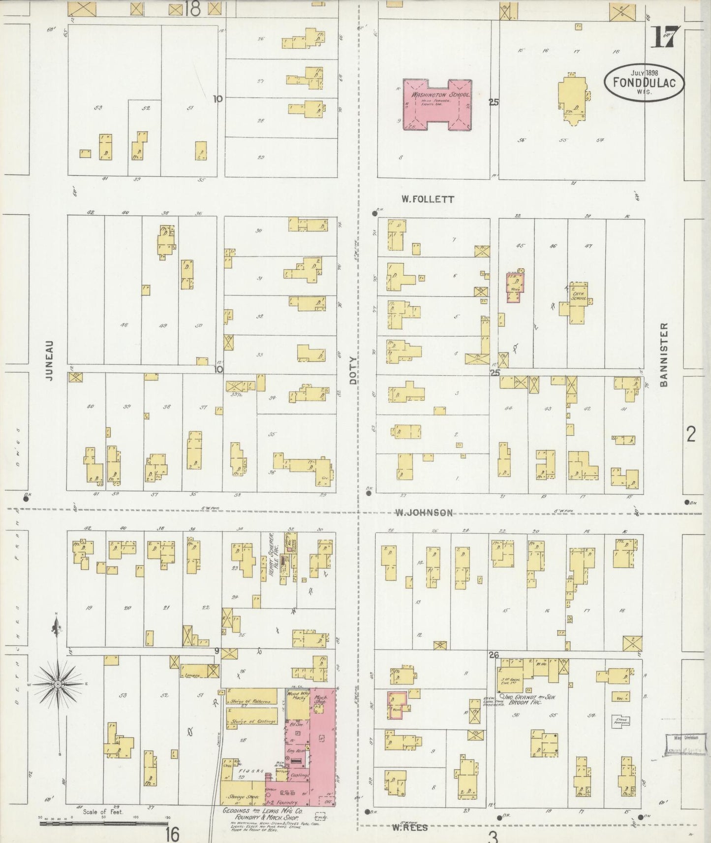 Sanborn Fire Insurance Map from Fond du Lac, Fond du Lac County, Wisconsin (1898), Sheet #0017 - Historic Sanborn Fire Insurance Map Print, vintage old map wall art, antique decor, genealogy gift, Wisconsin Wisconsin map