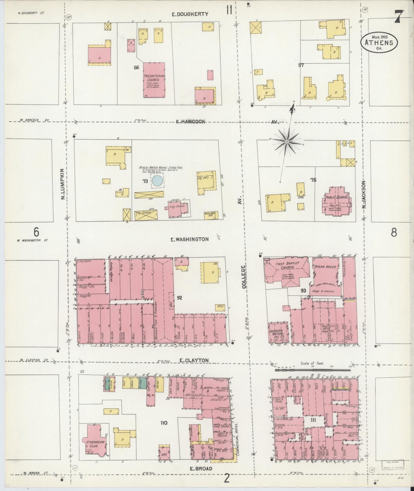 Sanborn Fire Insurance Map from Athens, Clarke County, Georgia (1903), Sheet #0007 - Historic Sanborn Fire Insurance Map Print, vintage old map wall art, antique decor, genealogy gift, Georgia Georgia map