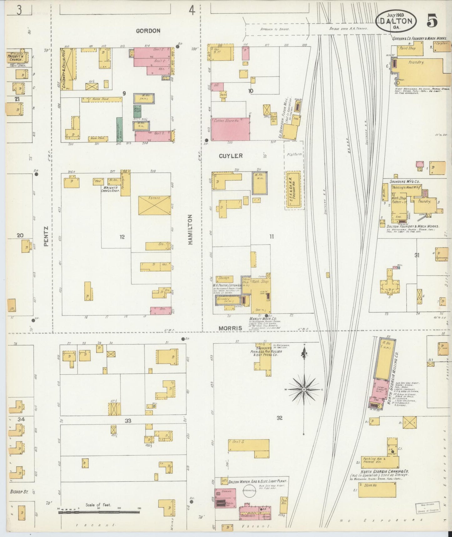 Sanborn Fire Insurance Map from Dalton, Whitfield County, Georgia (1903), Sheet #0005 - Historic Sanborn Fire Insurance Map Print, vintage old map wall art, antique decor, genealogy gift, Georgia Georgia map