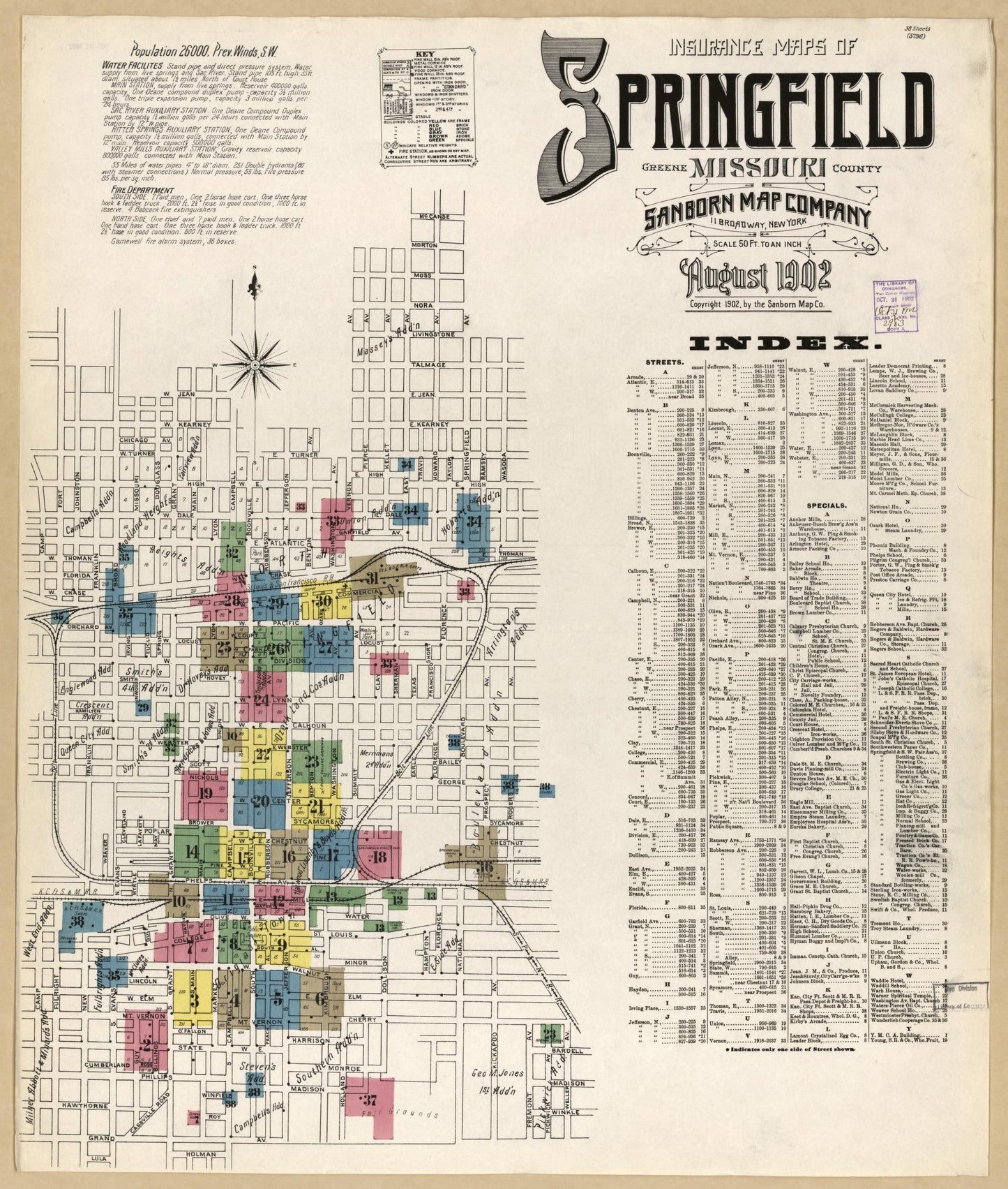 Sanborn Fire Insurance Map from Springfield, Greene County, Missouri (1902), Sheet #0001 - Historic Sanborn Fire Insurance Map Print, vintage old map wall art, antique decor, genealogy gift, Missouri Missouri map