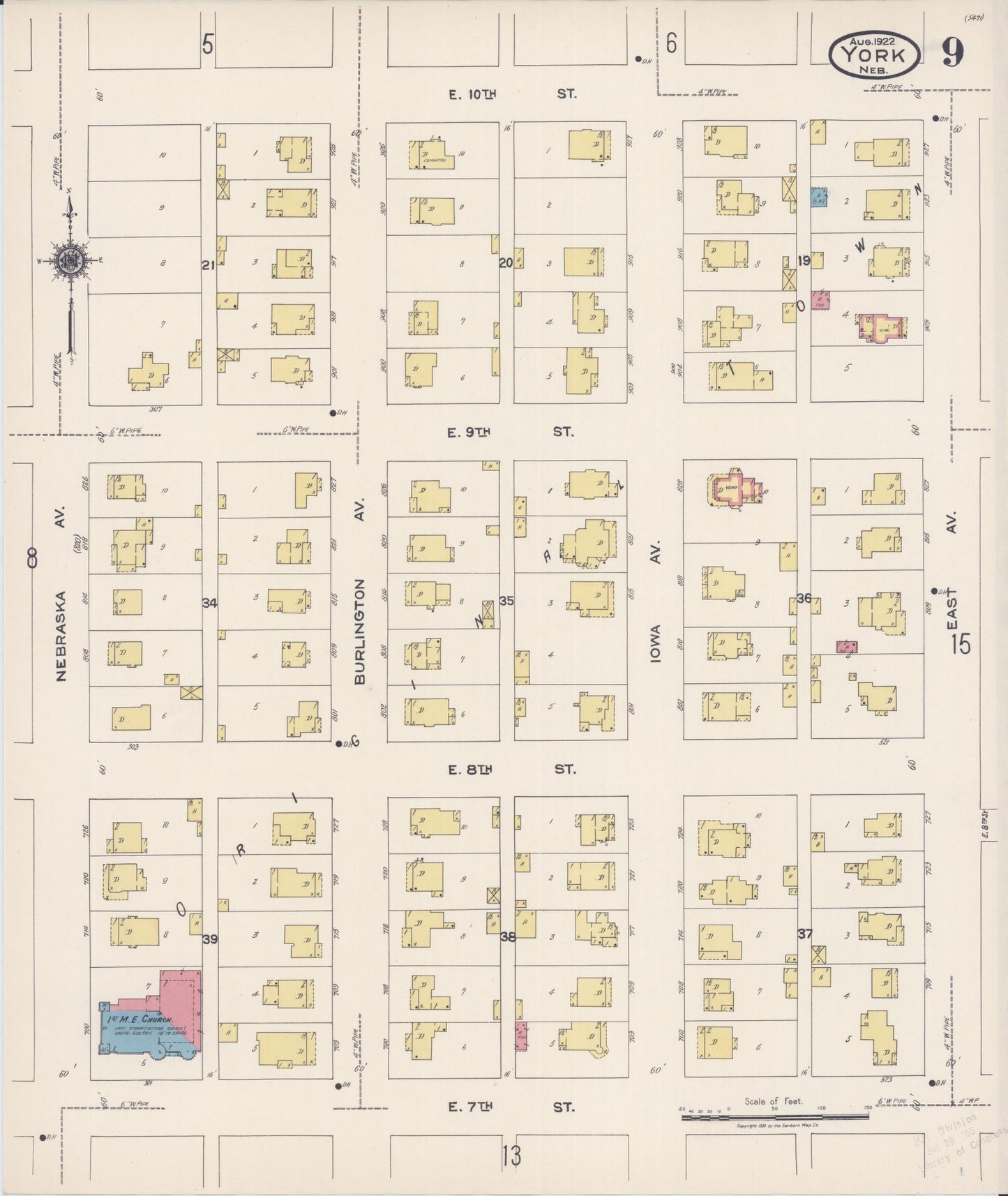 Sanborn Fire Insurance Map from York, York County, Nebraska (1922), Sheet #0009 - Historic Sanborn Fire Insurance Map Print, vintage old map wall art, antique decor, genealogy gift, Nebraska Nebraska map
