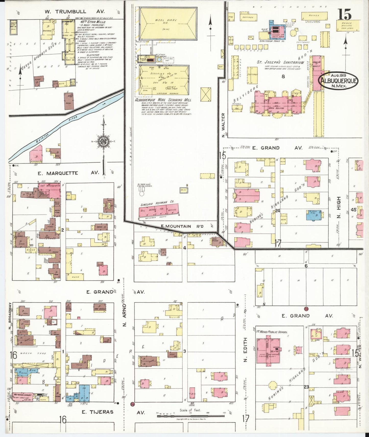 Sanborn Fire Insurance Map from Albuquerque, Bernalillo County, New Mexico (1919), Sheet #0015 - Historic Sanborn Fire Insurance Map Print, vintage old map wall art, antique decor, genealogy gift, New Mexico New Mexico map